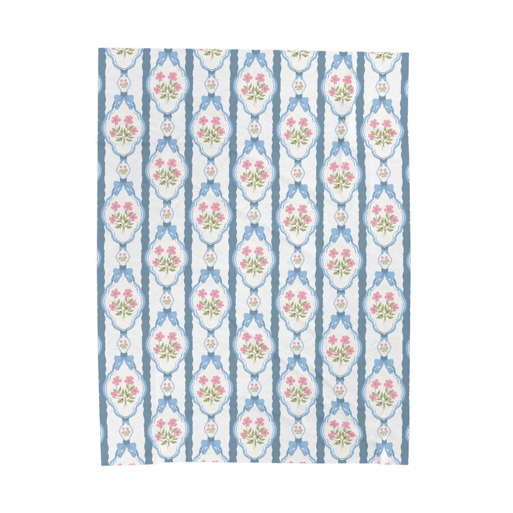 Couverture en peluche veloutée — Nœuds roses vintage et jeté romantique bleu