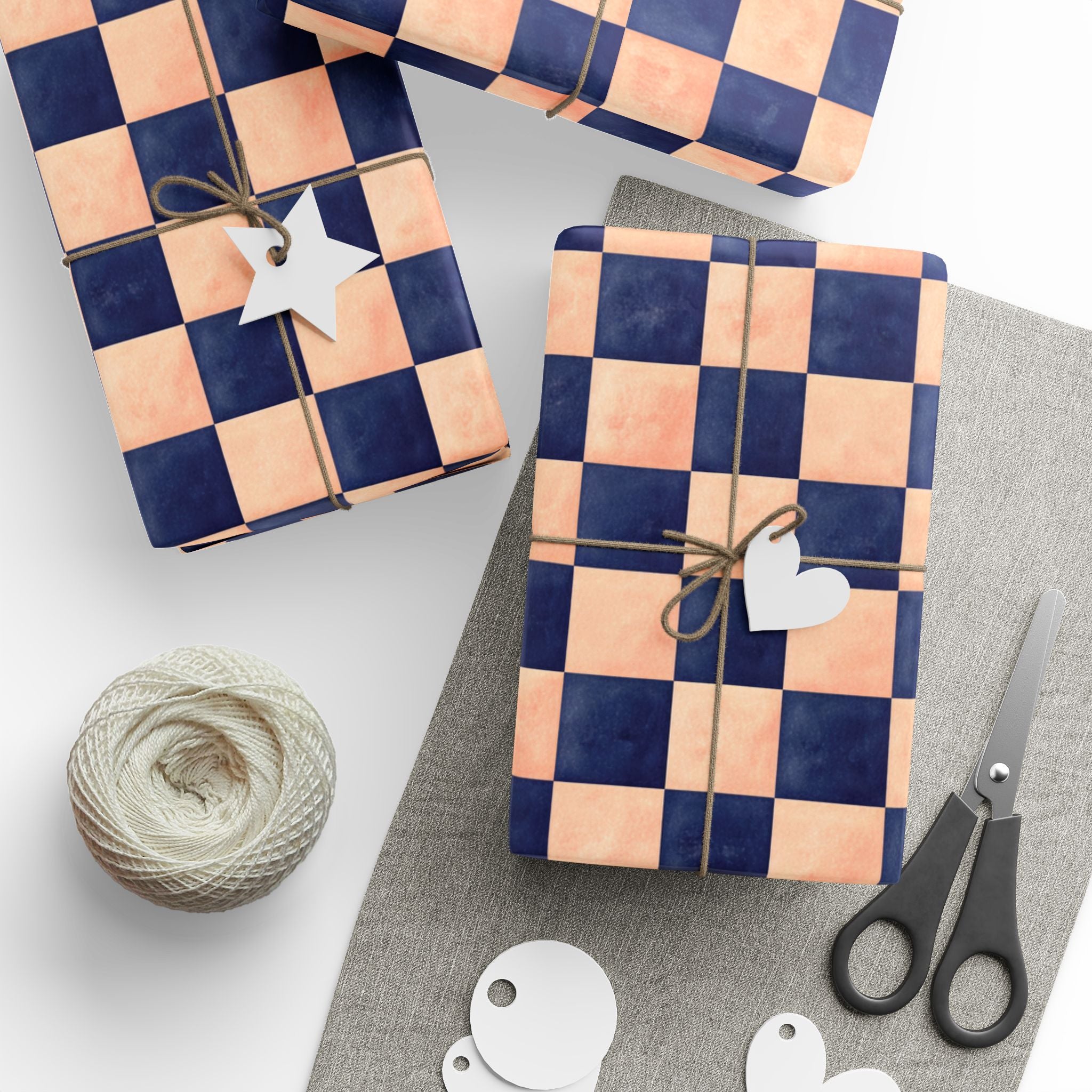 Navy and  Peach Checkerboard Wrapping Paper Wedding, Birthdays