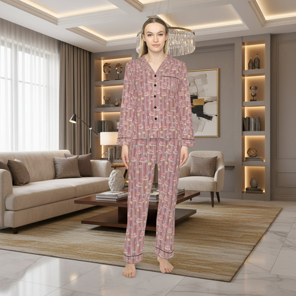 Woman wearing a patterned pajama set on a white background