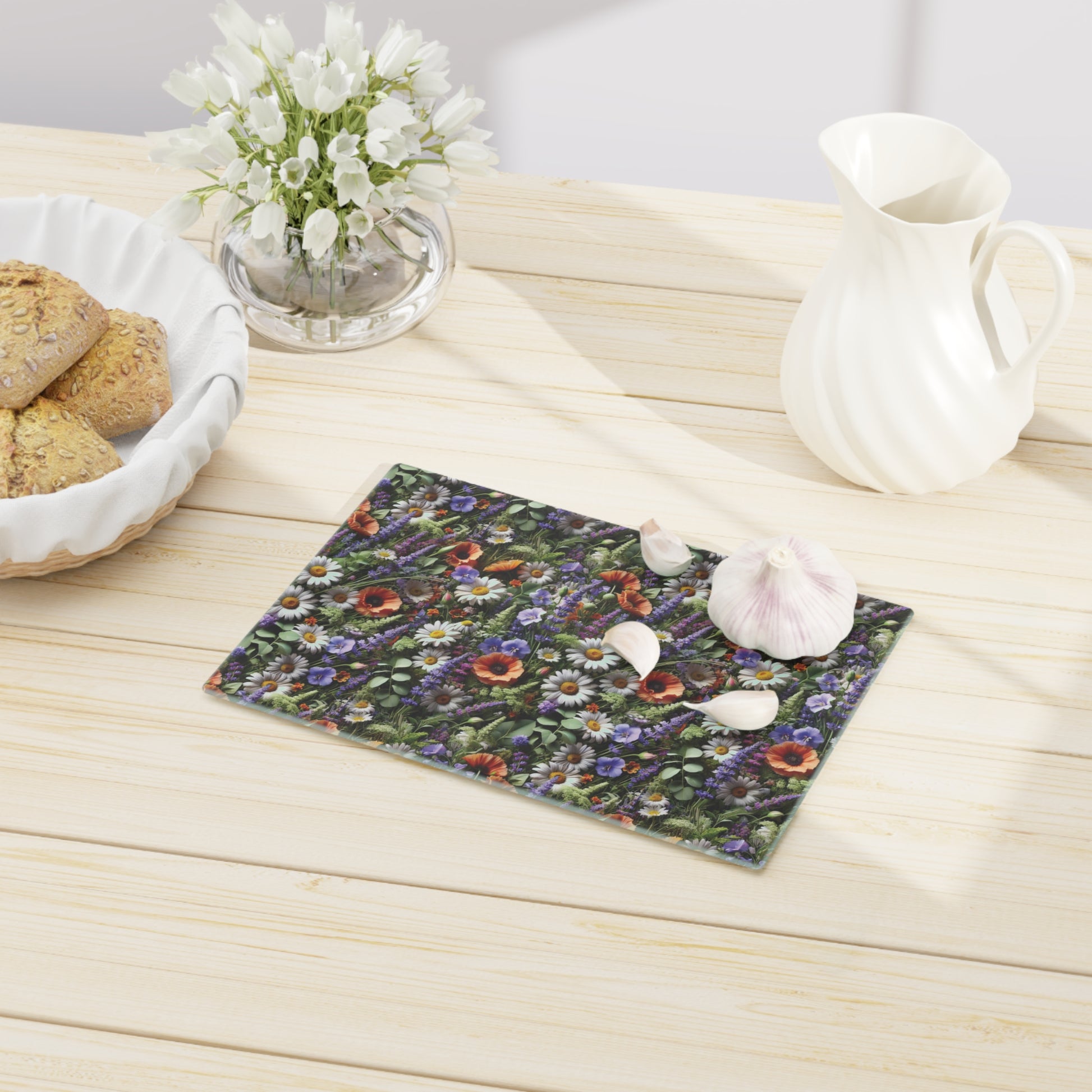 Boho Wildflowers Cutting Board - Durable Glass Kitchen Decor, Vibrant Floral Design, Perfect for Chopping, Serving, or Gifting - MRSBYVALLE