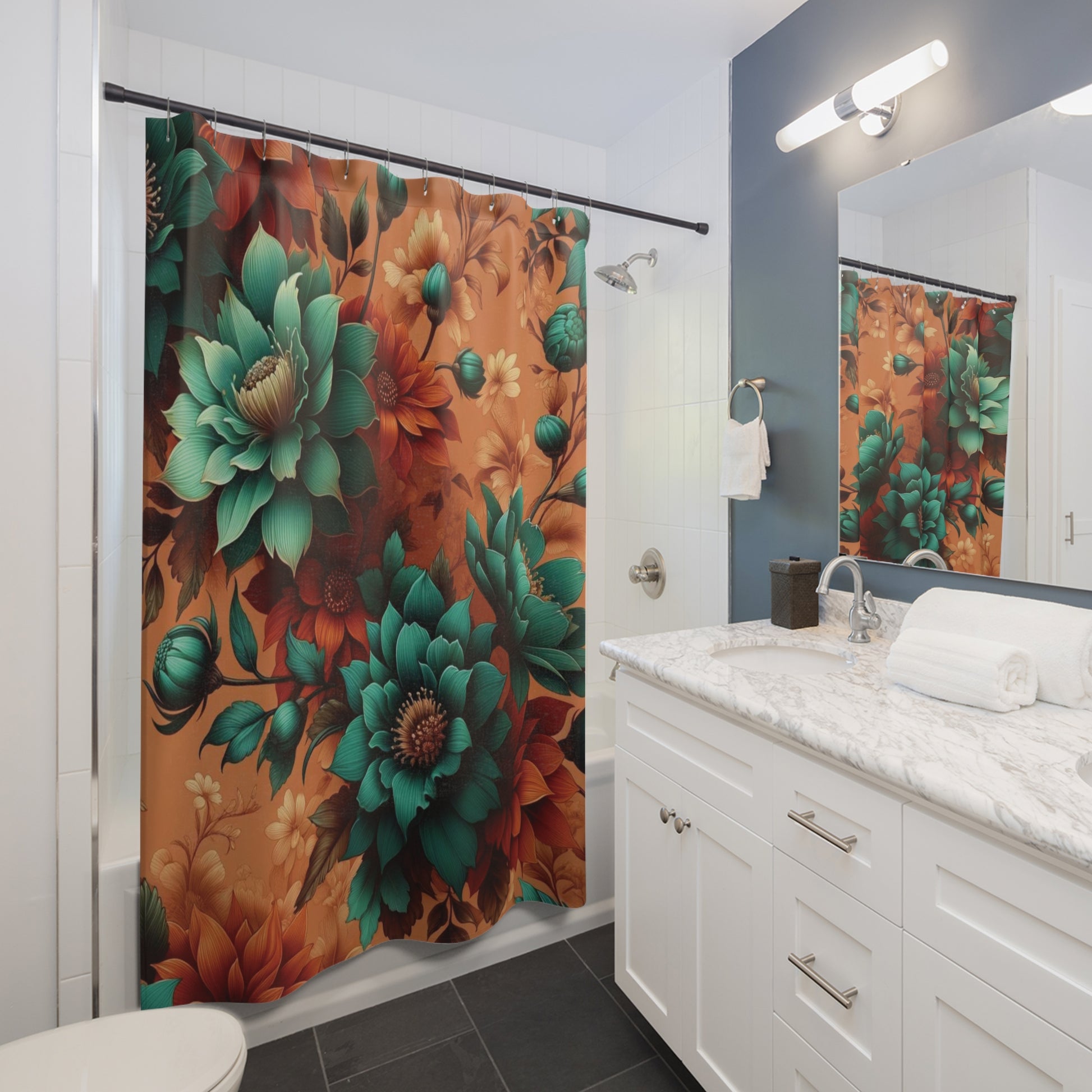 Elegant Aqua Blossom and Burnt Orange Floral Harmony Shower Curtain for Bathroom Deco Housewarming Gift New Bathroom Decor Wedding Gift for Mom Bridal Shower Gift Newlywed - MRSBYVALLE