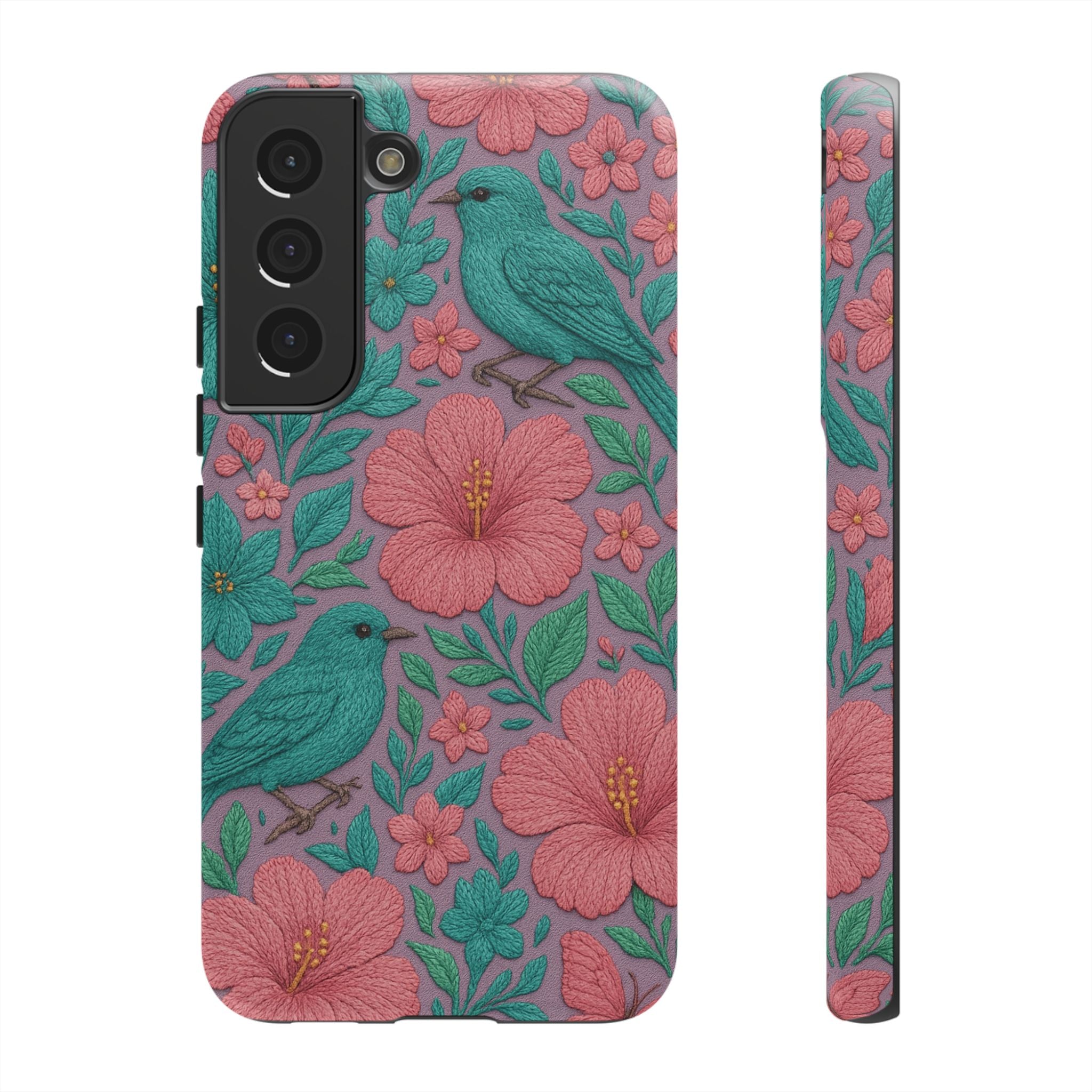 Turquoise, Pink and Lavender 3D Embroidery Illusion Phone Case Tropical Flowers, Birds & Butterflies Cover with Bold, Realistic Floral Texture iPhone, Samsung