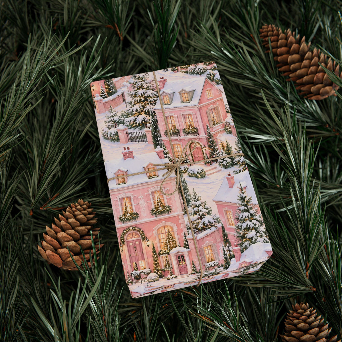 Wrapping Paper — Pink Snowy Village Holiday Gift Wrap (Festive Cottage Pattern)