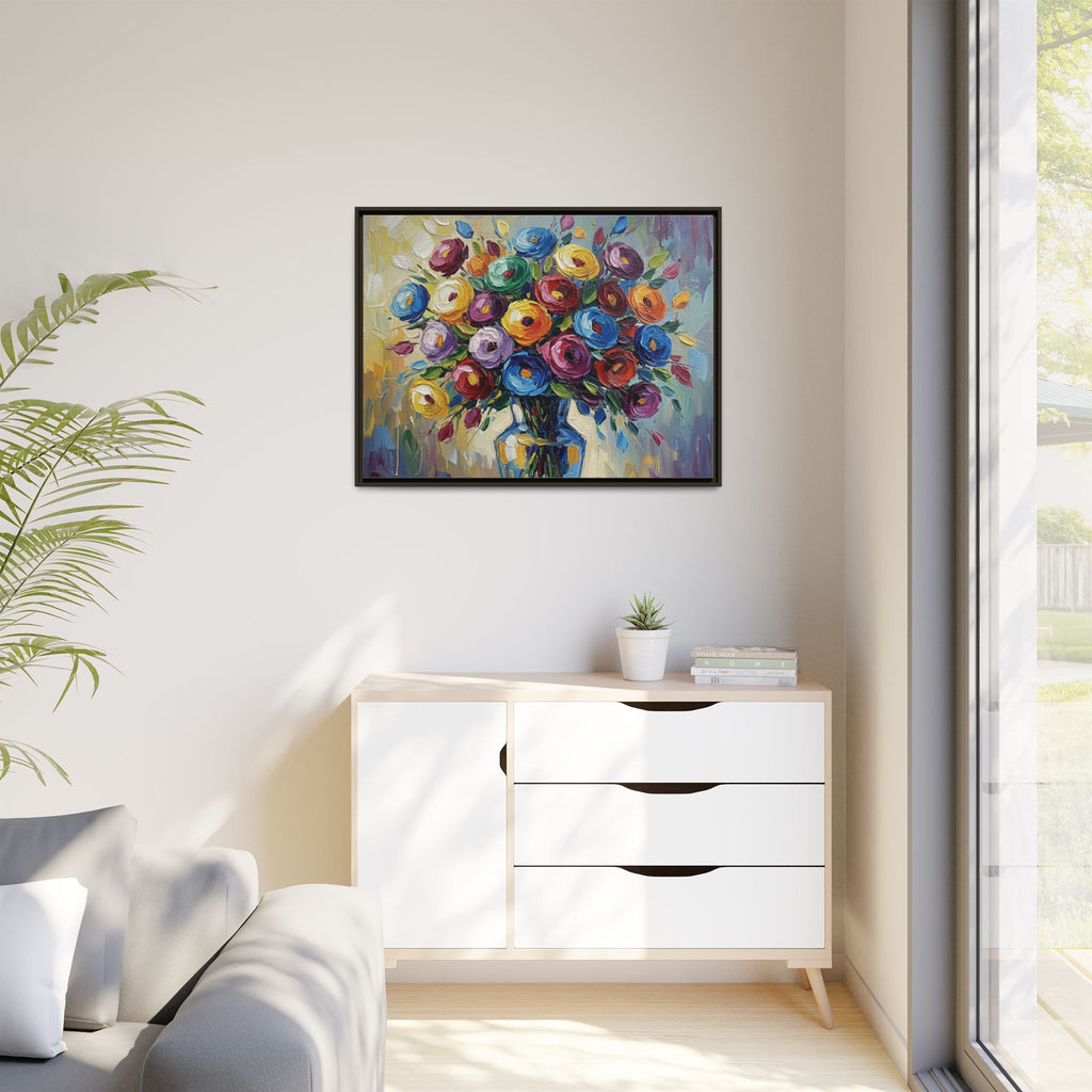 Impression sur toile bouquet floral aquarelle - Tableau mural encadré mat - Illusion de peinture à l'huile vibrante