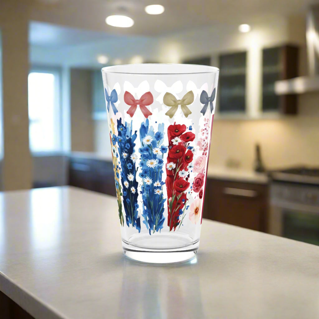 Coquette 16oz Pint Glass Pink Blue Bows, Brushstroke Floral Illusion, Aesthetic Drinkware, Feminine Cottagecore Gift for Her Home Decor