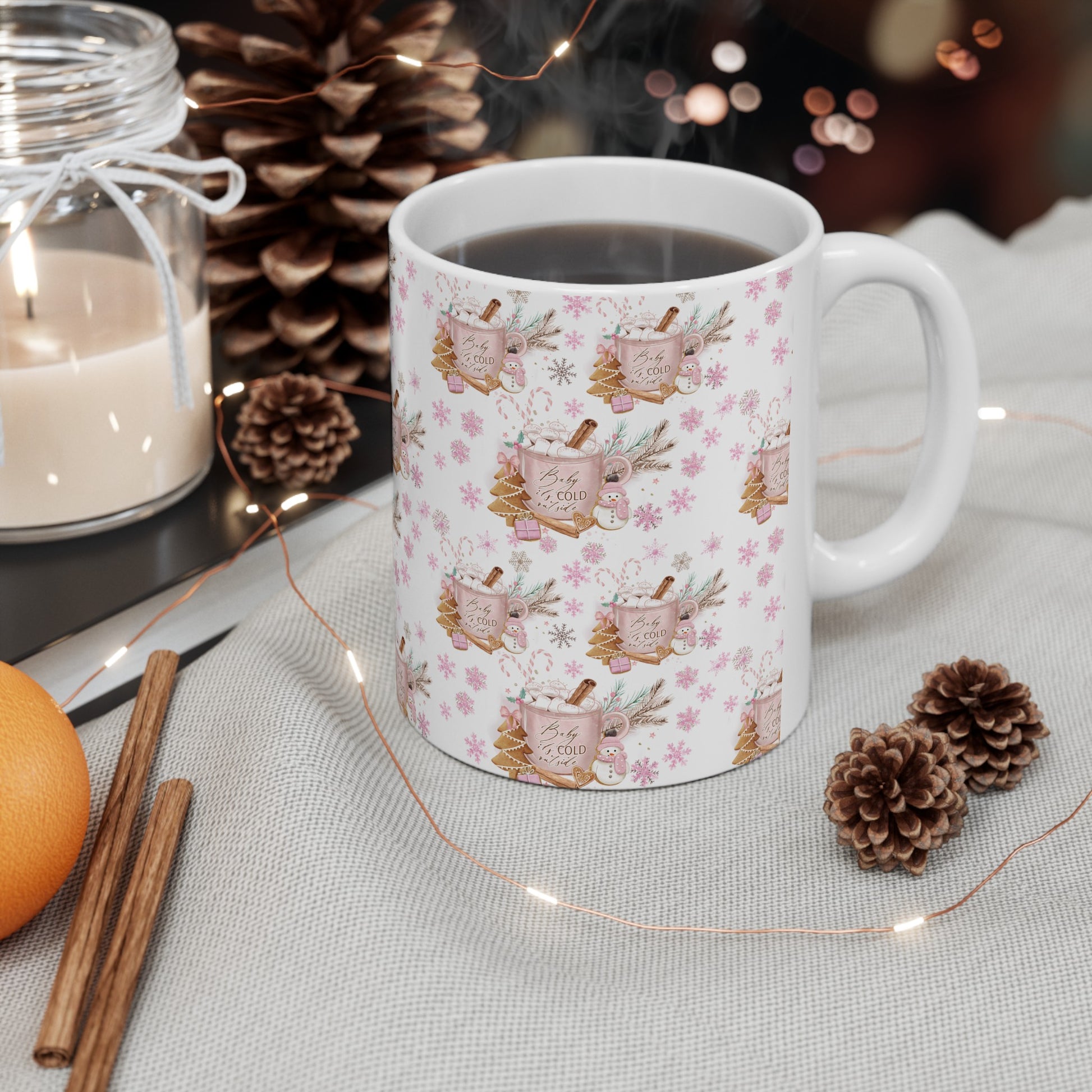 Pink Baby it's Cold Outside Coffee Ceramic Mugs Perfect for Your Morning Brew | 11 oz & 15 oz Sizes Floral Mug for Tea, Cocoa, and More Unique Bohemian Design Gift for Nature Lovers - MRSBYVALLE