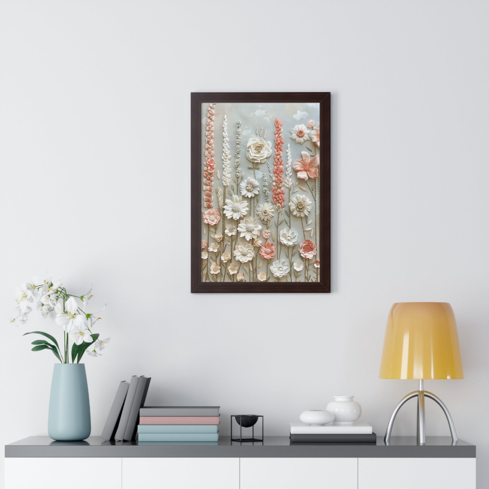 Delicate Pastel Floral Wall Art Captivating Blossom Patterns in Soft Hues and Elegant Home Décor Perfect for Living Rooms, Bedrooms, and Cozy Corners Encased in Black, White, or Walnut Frames with Durable Ready to Hang  Timelessly Crafted. - MRSBYVALLE