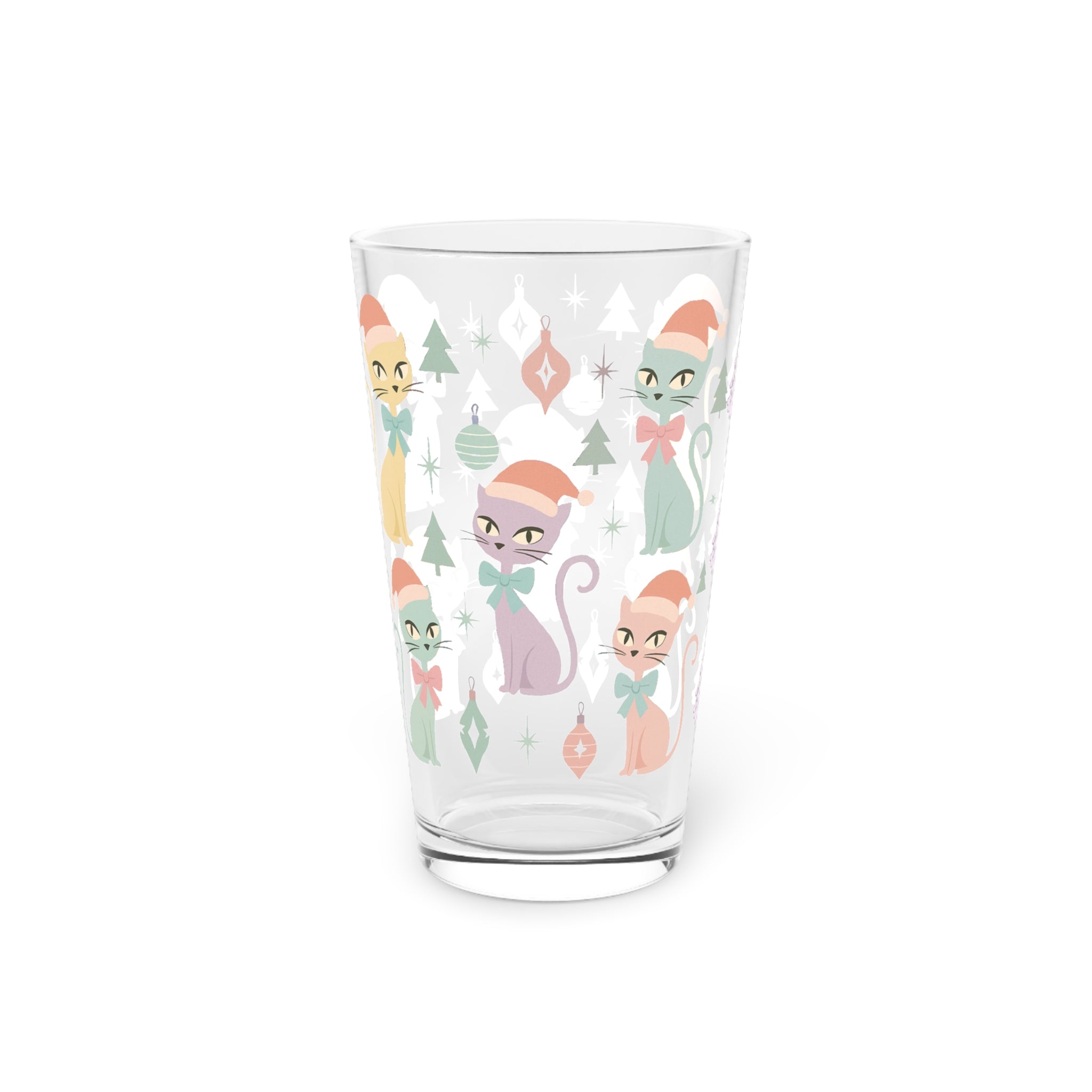 Pastel Atomic Cat Pint Glass, 16oz Retro Mid Century Modern Drinkware, Vintage Kitty Cup with Coquette Bow, Cute Aesthetic Bar Glass for Cat Lovers