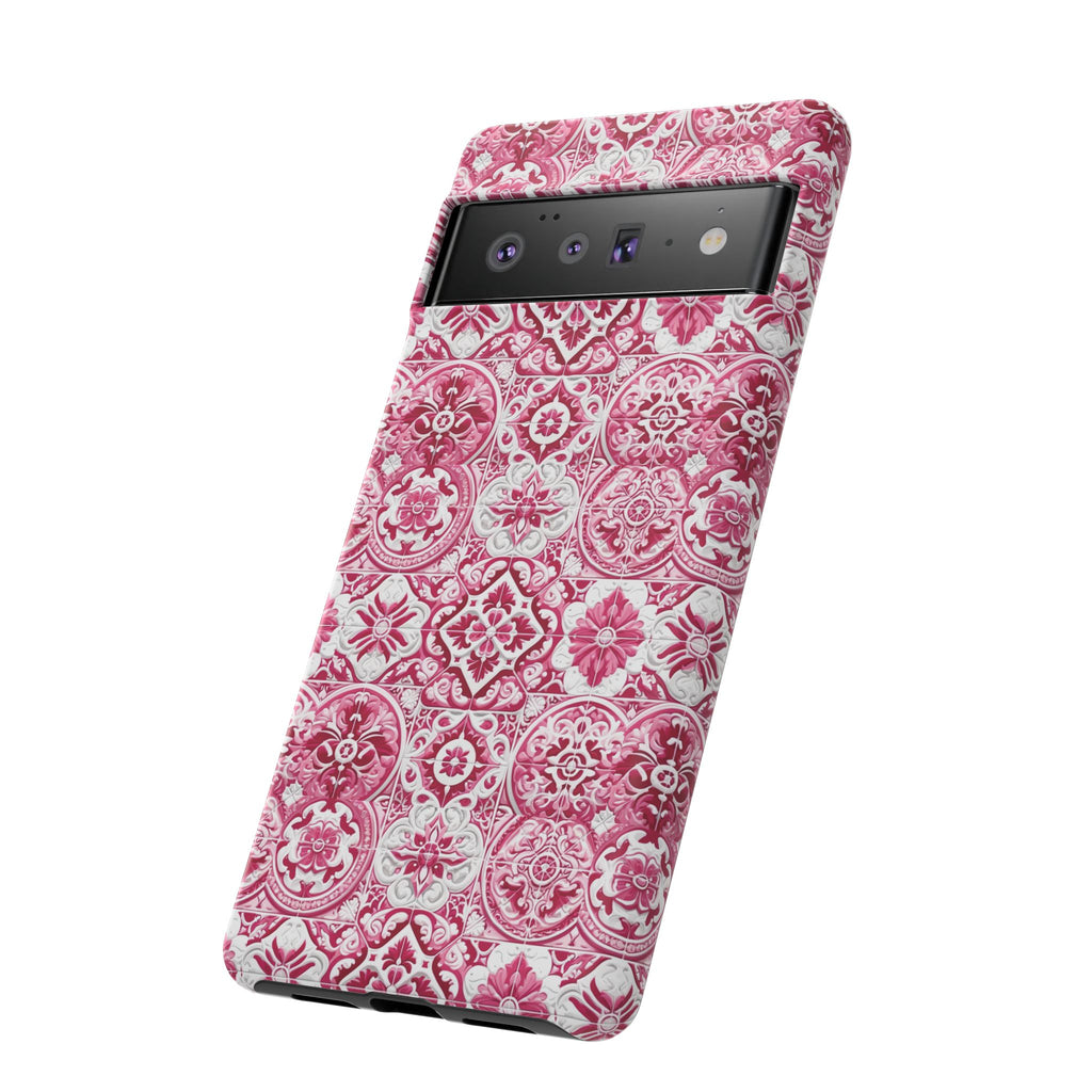 Pink and White Mediterranean Tile Design Phone Case - Stylish, Protective Cover for All Models Gift for Mom Accessory Gift for Her