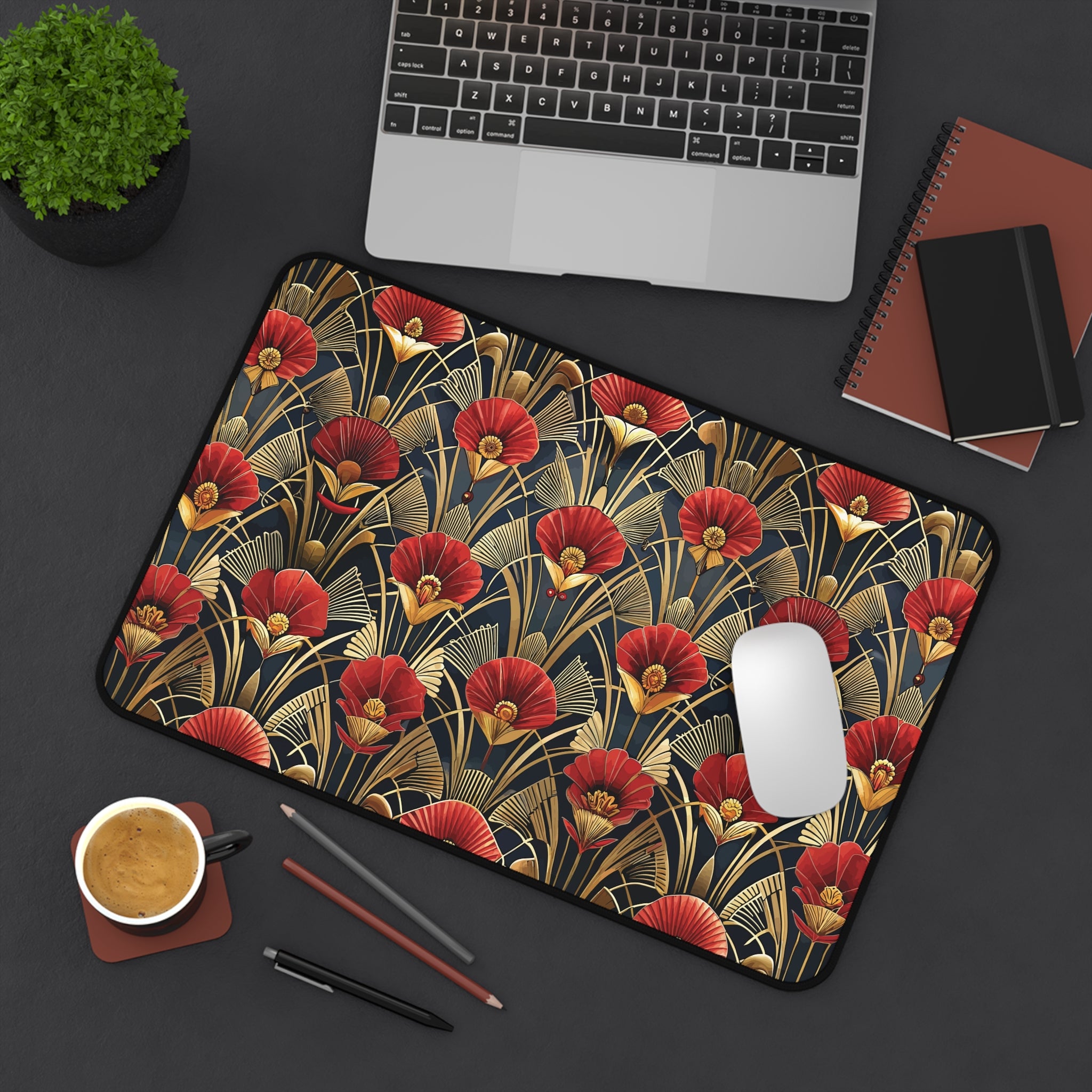 Tapis de bureau Art Déco Fleur Rouge Noir & Or — Tapis de souris floral vintage