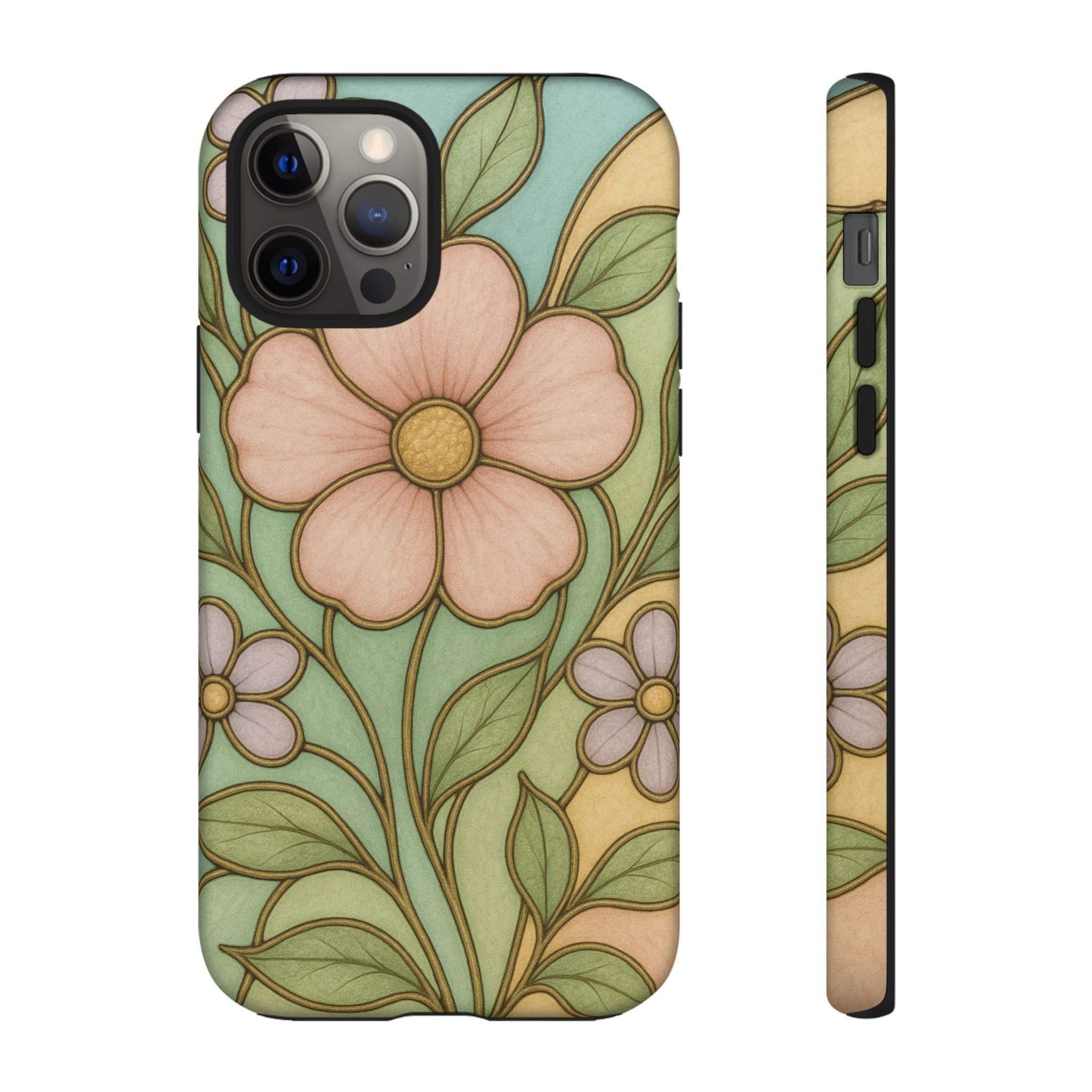 Pastel Pink, Yellow Stain Glass Illusion Floral Phone Case  Romantic Cottagecore Aesthetic, Soft Botanical Design, Protective Gift for Her, Fits iPhone & Samsung Models