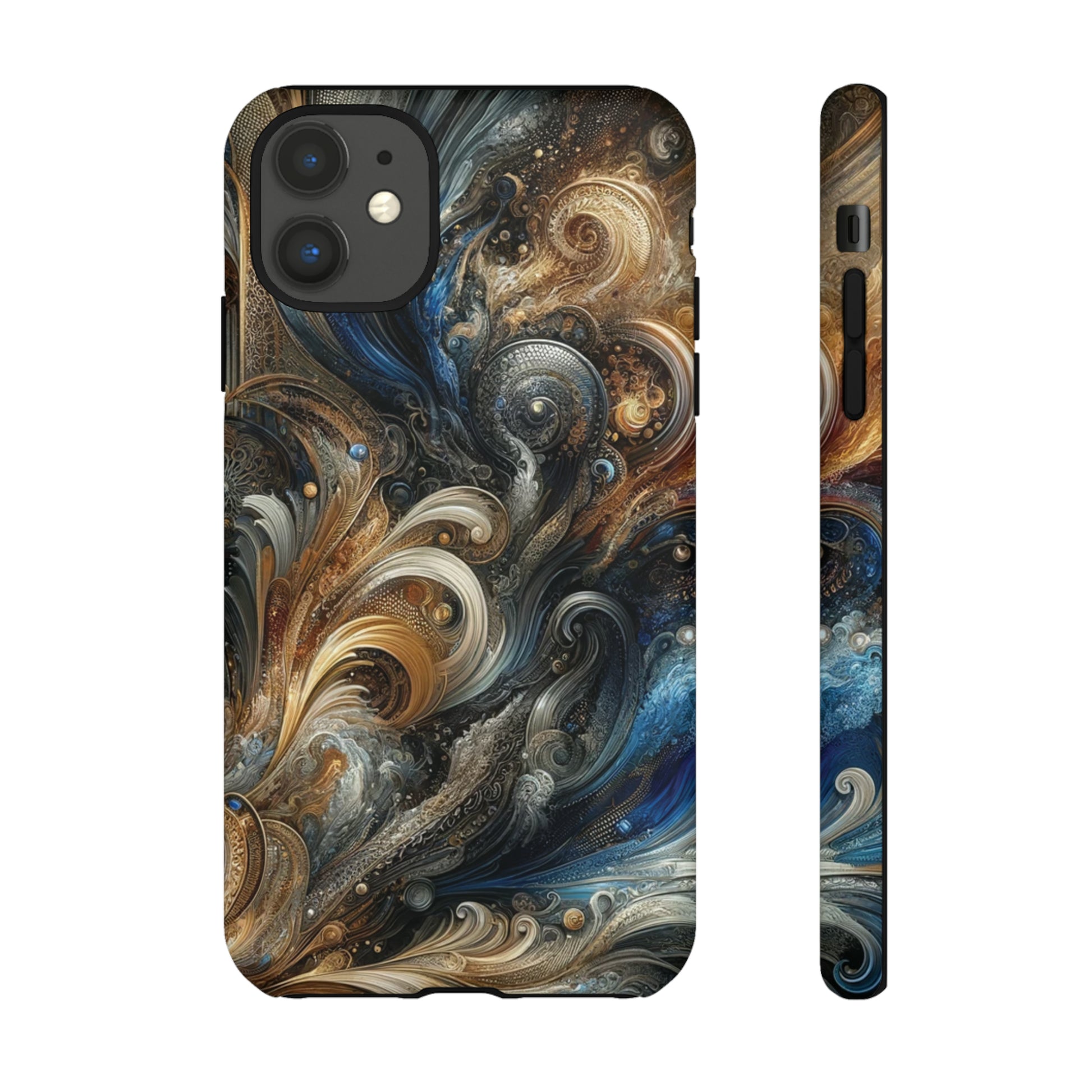 Gold and Navy Art Design Luxury Phone Tough Case Floral Elegant Durable Stylish for Modern Devices iPhone 15, Samsung iPhone Samsung Accessory Gift for Her.