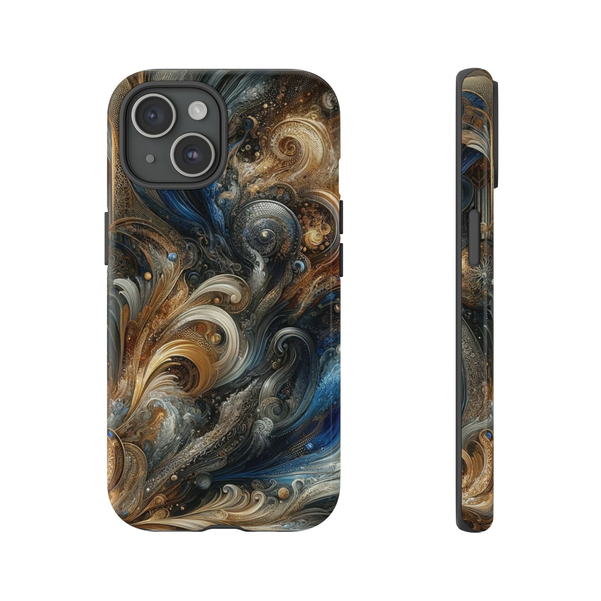 Gold and Navy Art Design Luxury Phone Tough Case Floral Elegant Durable Stylish for Modern Devices iPhone 15, Samsung iPhone Samsung Accessory Gift for Her.