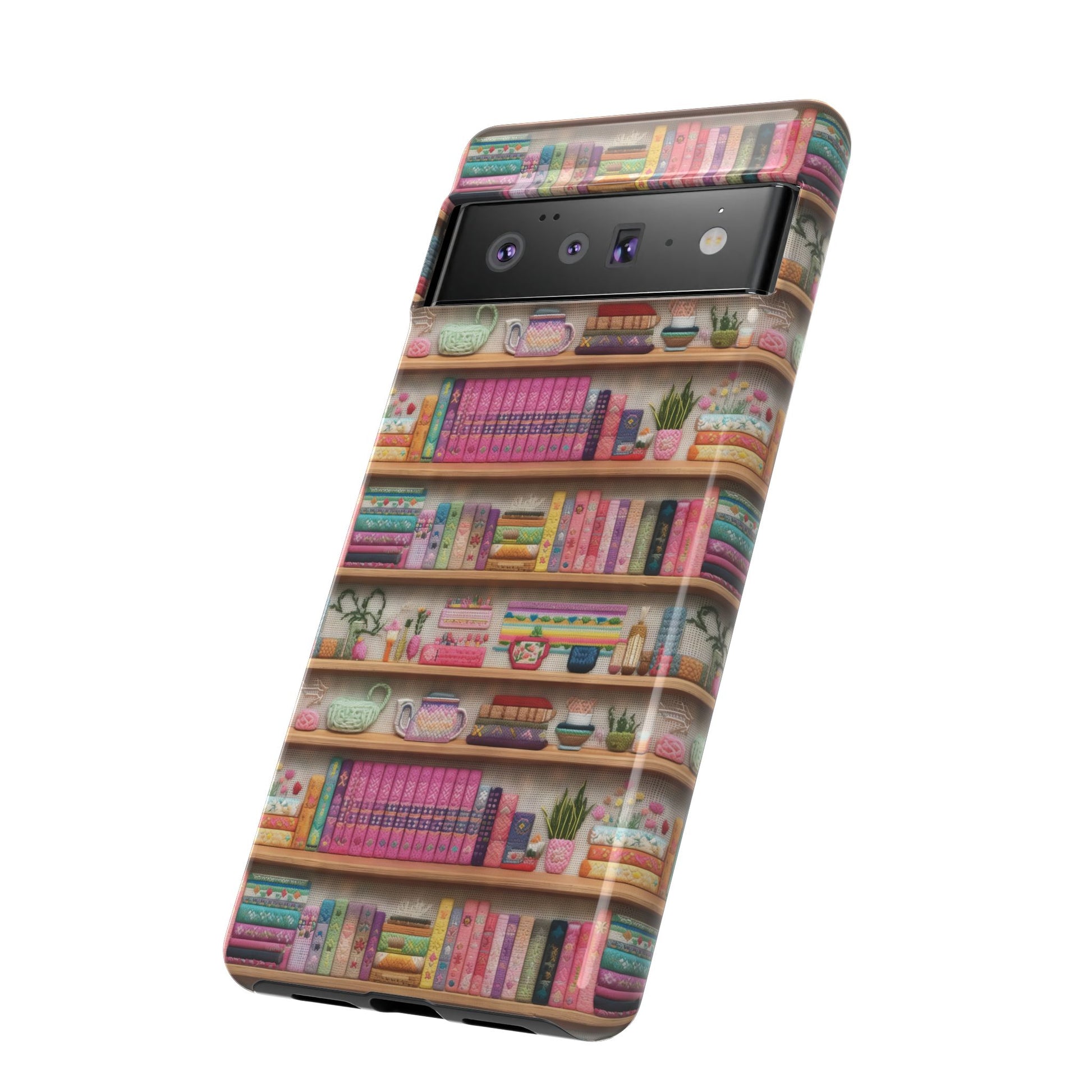 Whimsical 3D Embroidery Illusion Books on Pastel Shelves Phone Case for iPhone, Samsung & Pixel: Unique Accessory for Literary Enthusiasts Gift for Her Perfect for Floral Lover