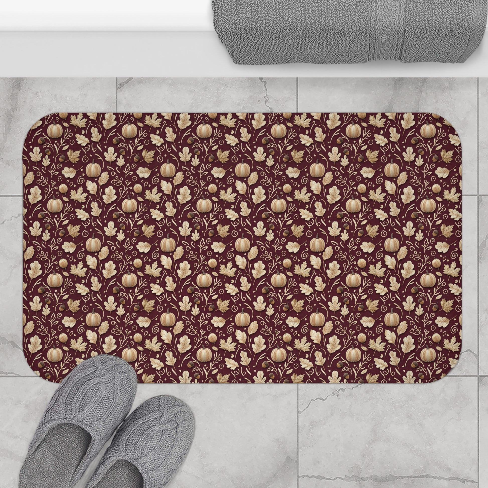 Burgundy Fall Bath Mat, Autumn Leaves Memory Foam Rug, Seasonal Bathroom Decor, Cozy Rustic Harvest Accent Floor Mat