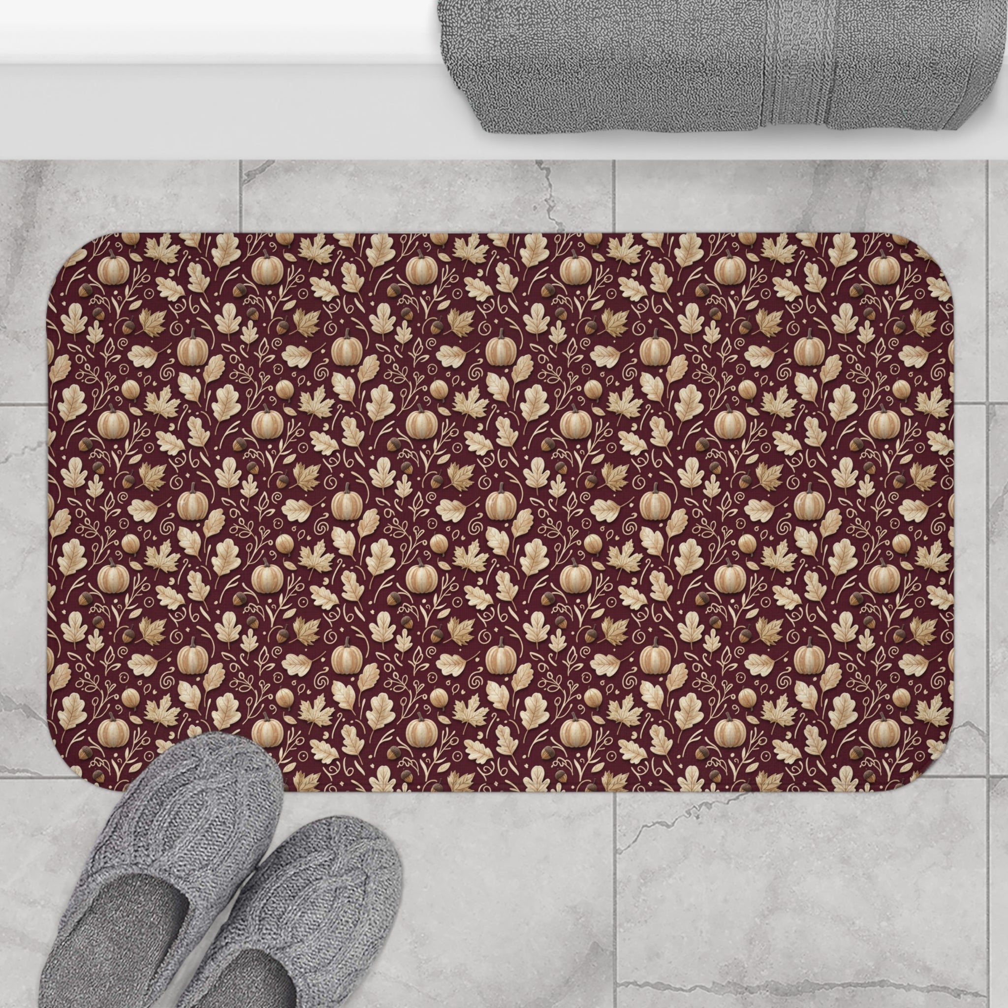 Burgundy Fall Bath Mat, Autumn Leaves Memory Foam Rug, Seasonal Bathroom Decor, Cozy Rustic Harvest Accent Floor Mat