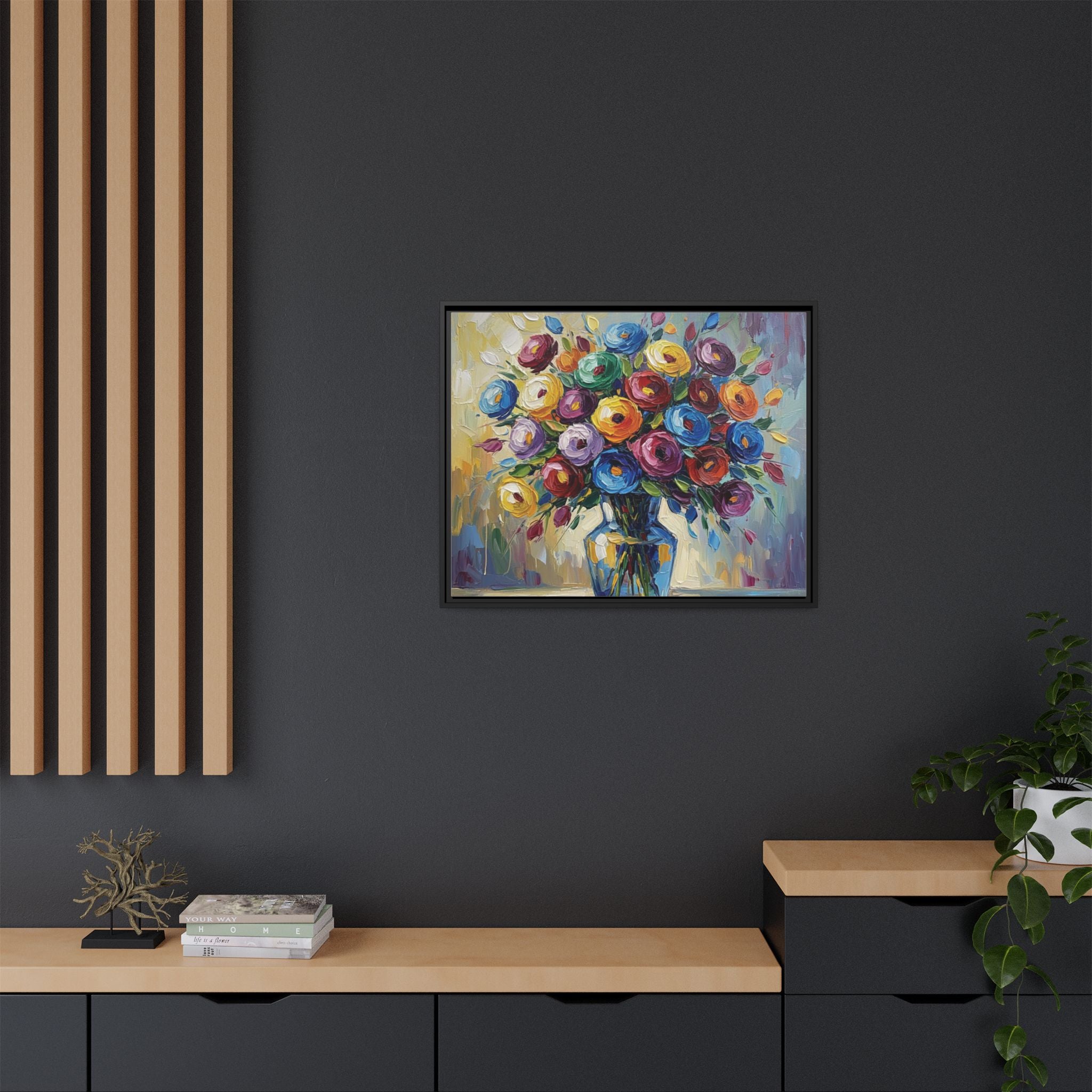 Impression sur toile bouquet floral aquarelle - Tableau mural encadré mat - Illusion de peinture à l'huile vibrante