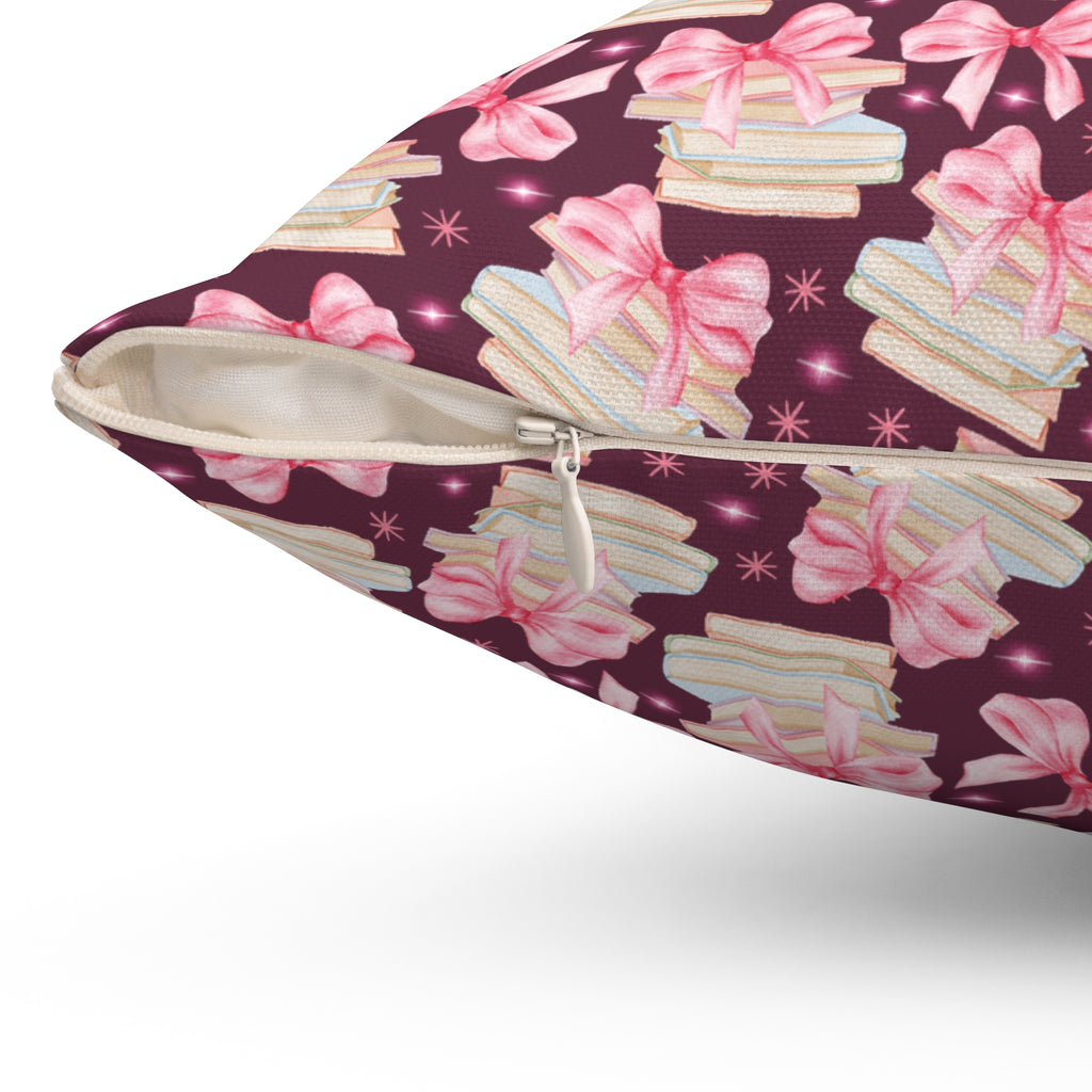 Boho Elegant Coquette Pink Bows & Books Square Pillow Vibrant Floral Design Soft and Stylish Decorative Throw Pillow for Boho-Inspired Home Décor Bridal Shower