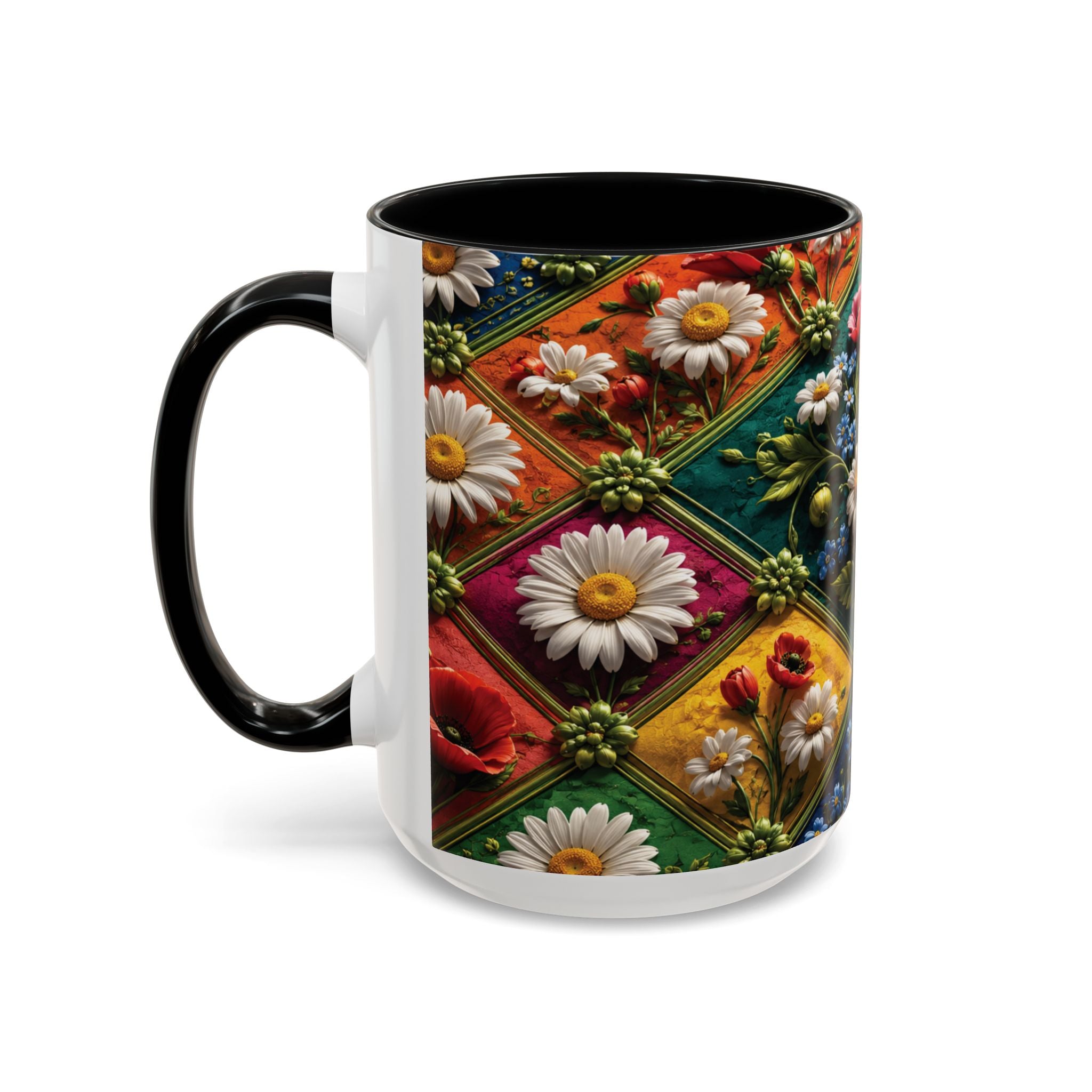 Floral Patchwork Accent Coffee Mug — Colorful Poppies & Daisies (11/15oz) 3D Illusion