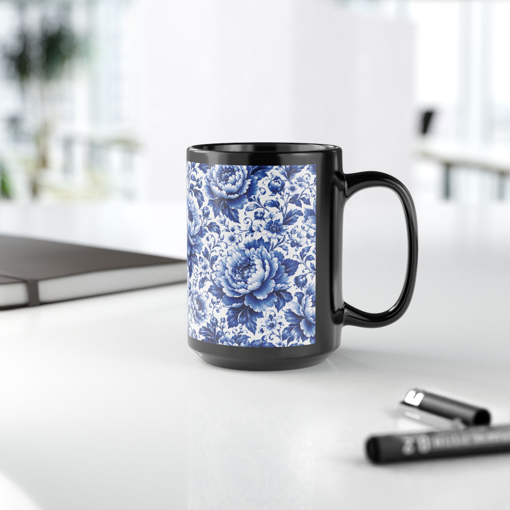 Blue Floral Porcelain Pattern Mug Elegant Black Ceramic Coffee Cup (11oz/15oz) Blue & White Chinoiserie Tea Cup