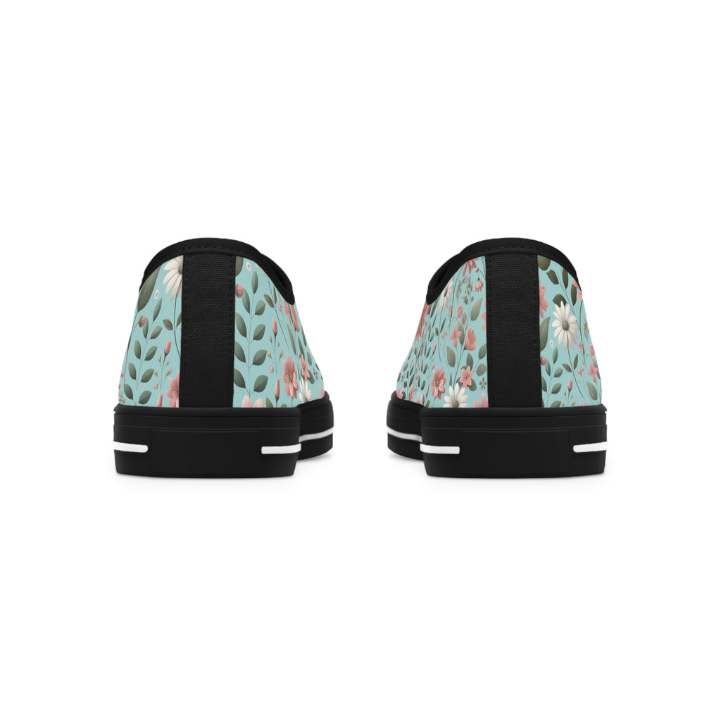 Aqua and Pink Floral Women's Low Top Sneakers Breathable Polyester Canvas, Lightweight Stylish Floral Pastel Design, Comfortable All-Day Wear, Perfect for Walking and Everyday Activities - MRSBYVALLE