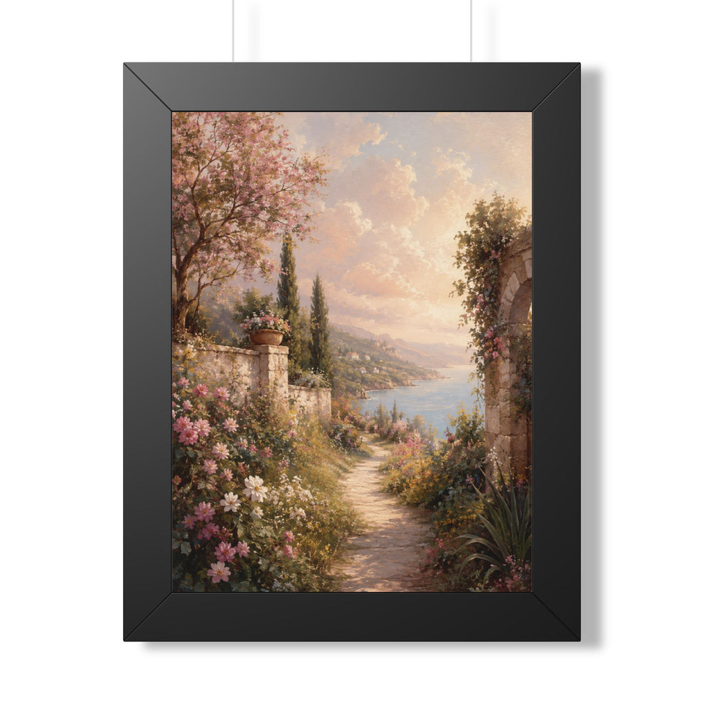 Mediterranean Garden Path Framed Vertical Poster | Coastal Landscape Wall Art