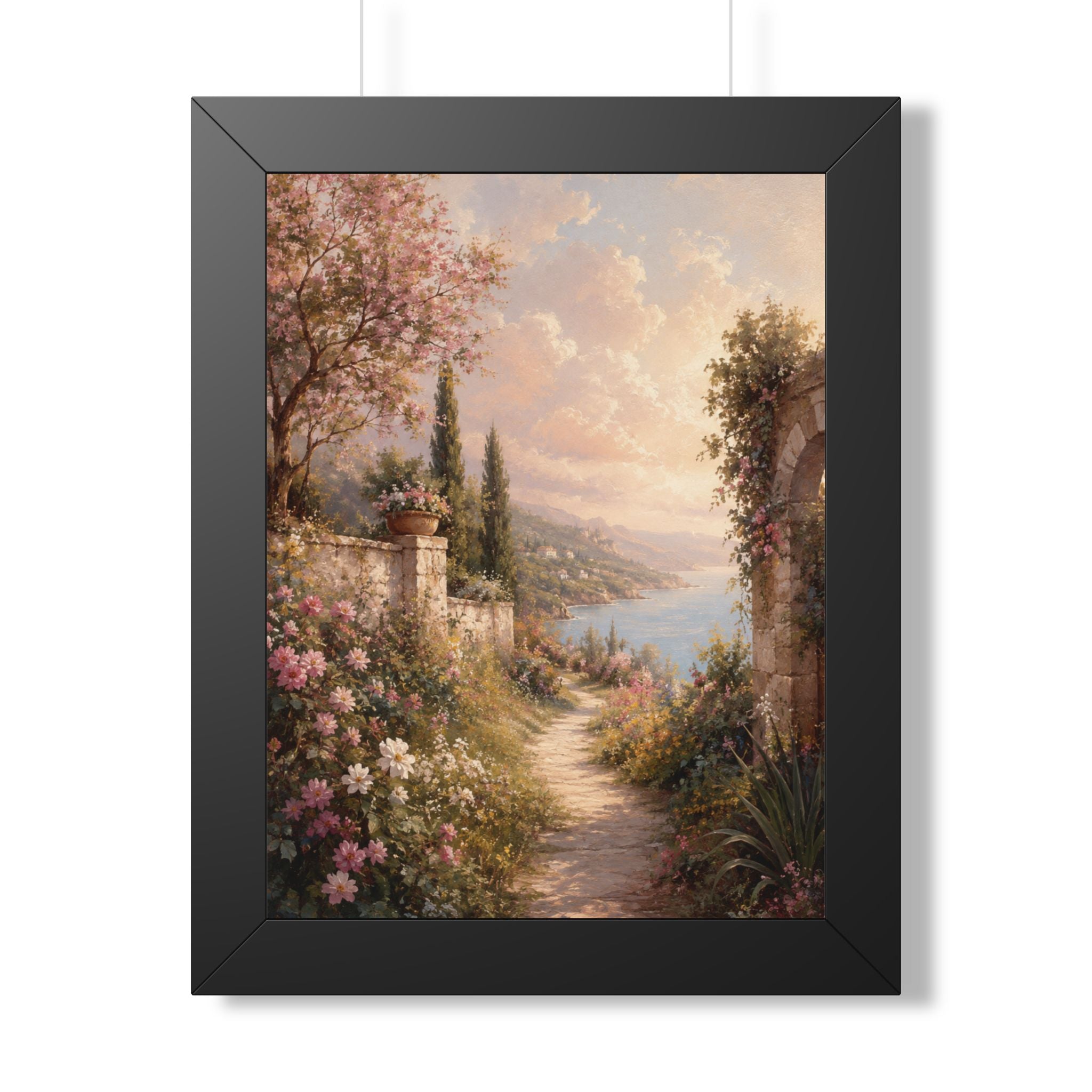 Mediterranean Garden Path Framed Vertical Poster | Coastal Landscape Wall Art