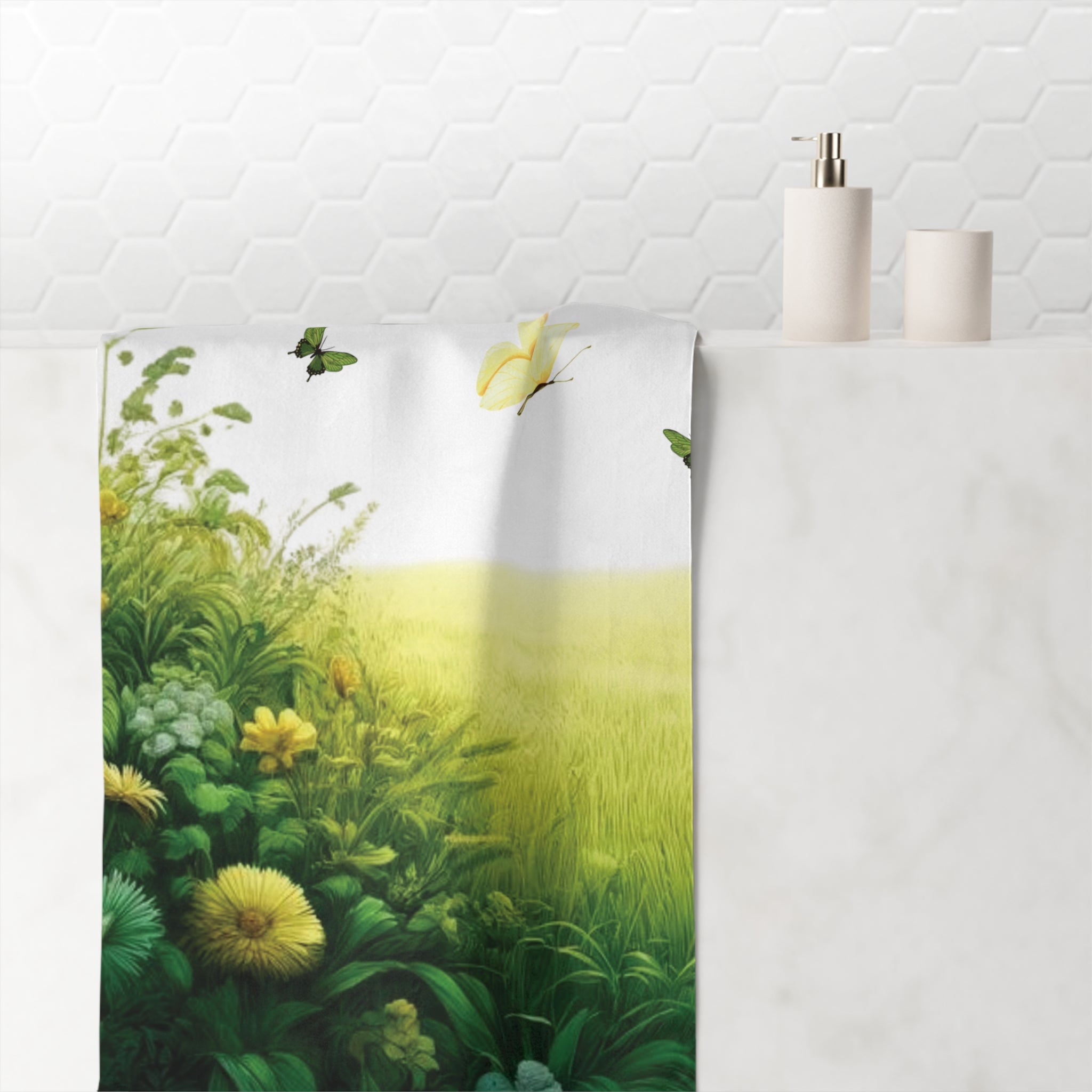 Spring Meadow Towel A Dance of Grass and Blooms Soft & Luxurious Mink-Cotton Towel 30x60 Elevate Your Bath Experience Vibrant Nature-Inspired Elegance Housewarming Gift.