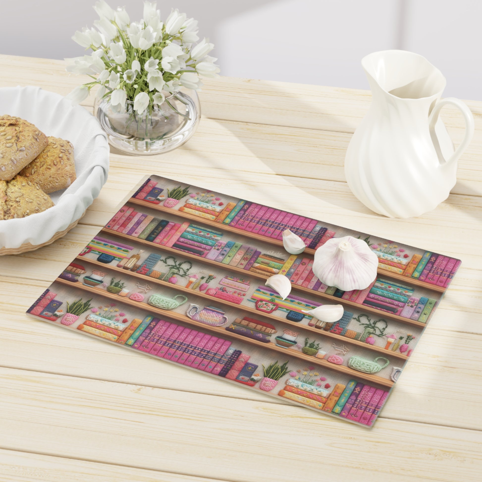 Charming 3D Embroidery Illusion Books on Pastel Shelves Glass Cutting Board Perfect for Book Lovers' Kitchens Cooking Kitchen Decor Housewarming, New House Gift - MRSBYVALLE