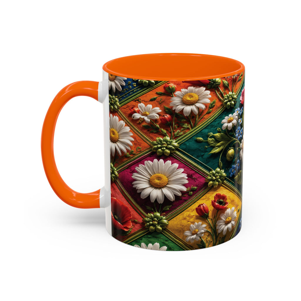 Floral Patchwork Accent Coffee Mug — Colorful Poppies & Daisies (11/15oz) 3D Illusion