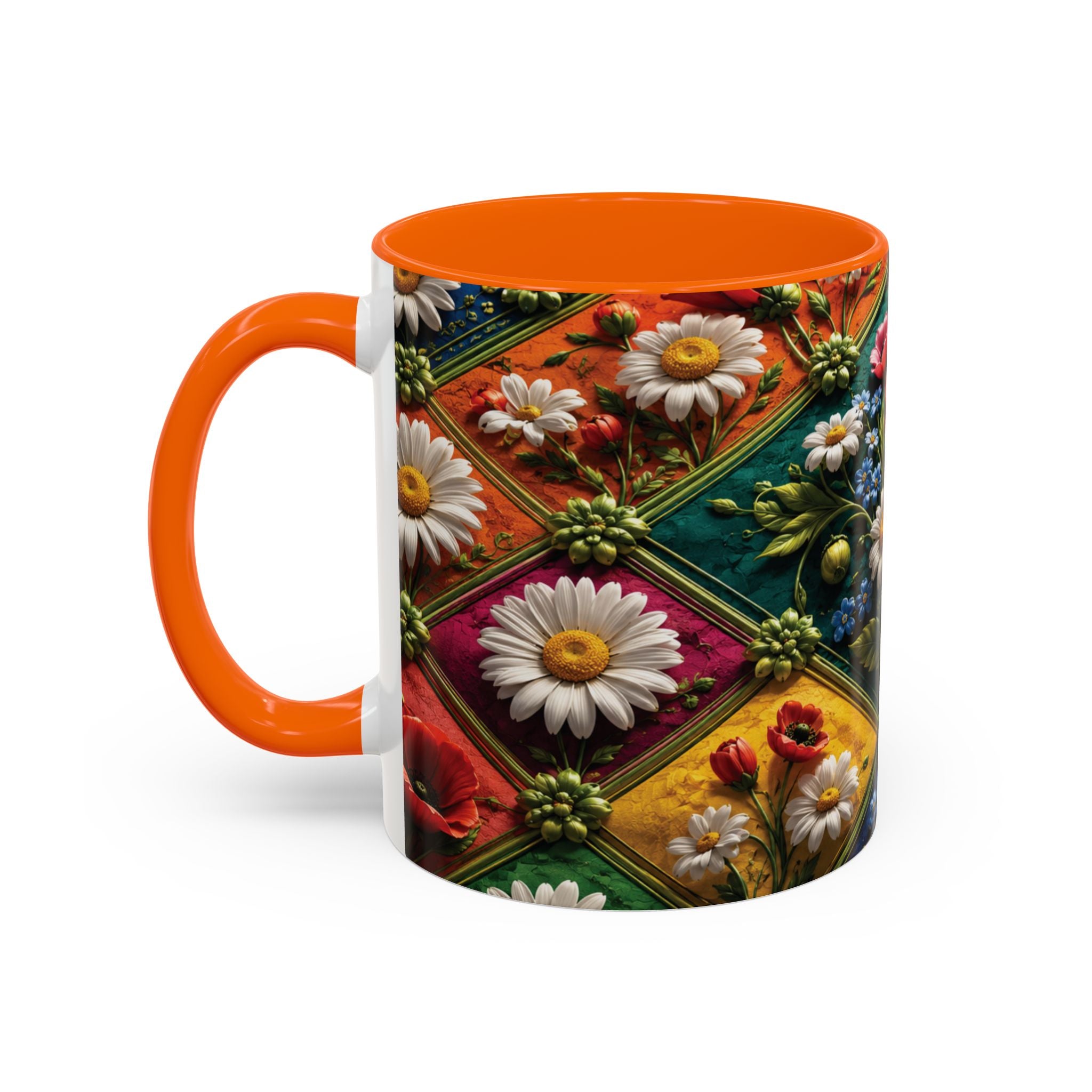 Floral Patchwork Accent Coffee Mug — Colorful Poppies & Daisies (11/15oz) 3D Illusion