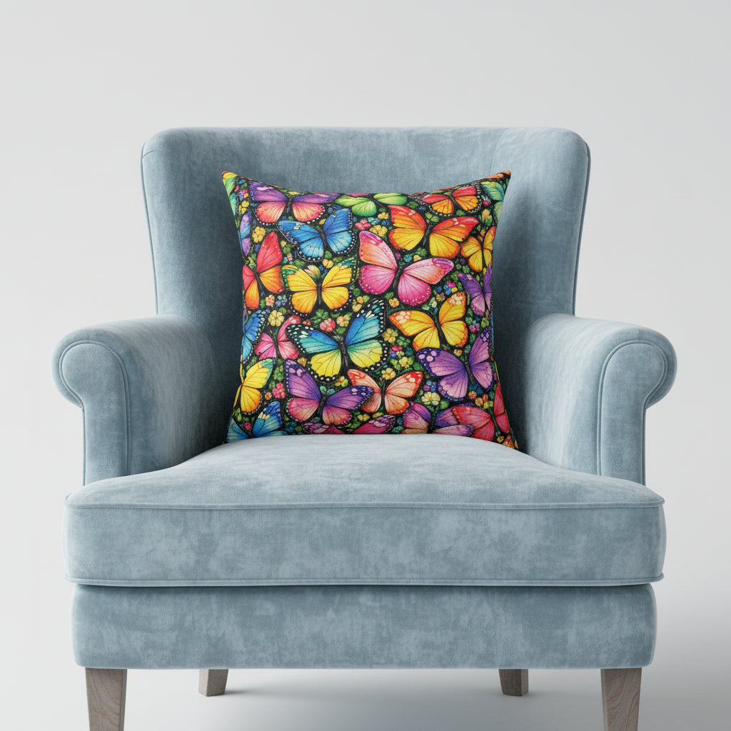 Decorative pillow with colorful butterfly pattern on a white background