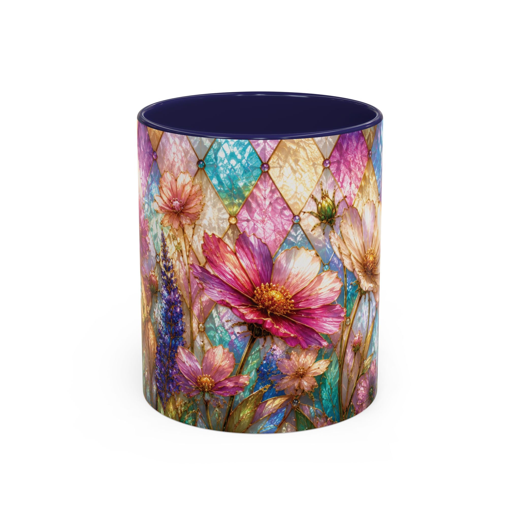Floral Mosaic Accent Coffee Mug — Colorful Garden Flowers 11/15oz Stain Glass Illusion