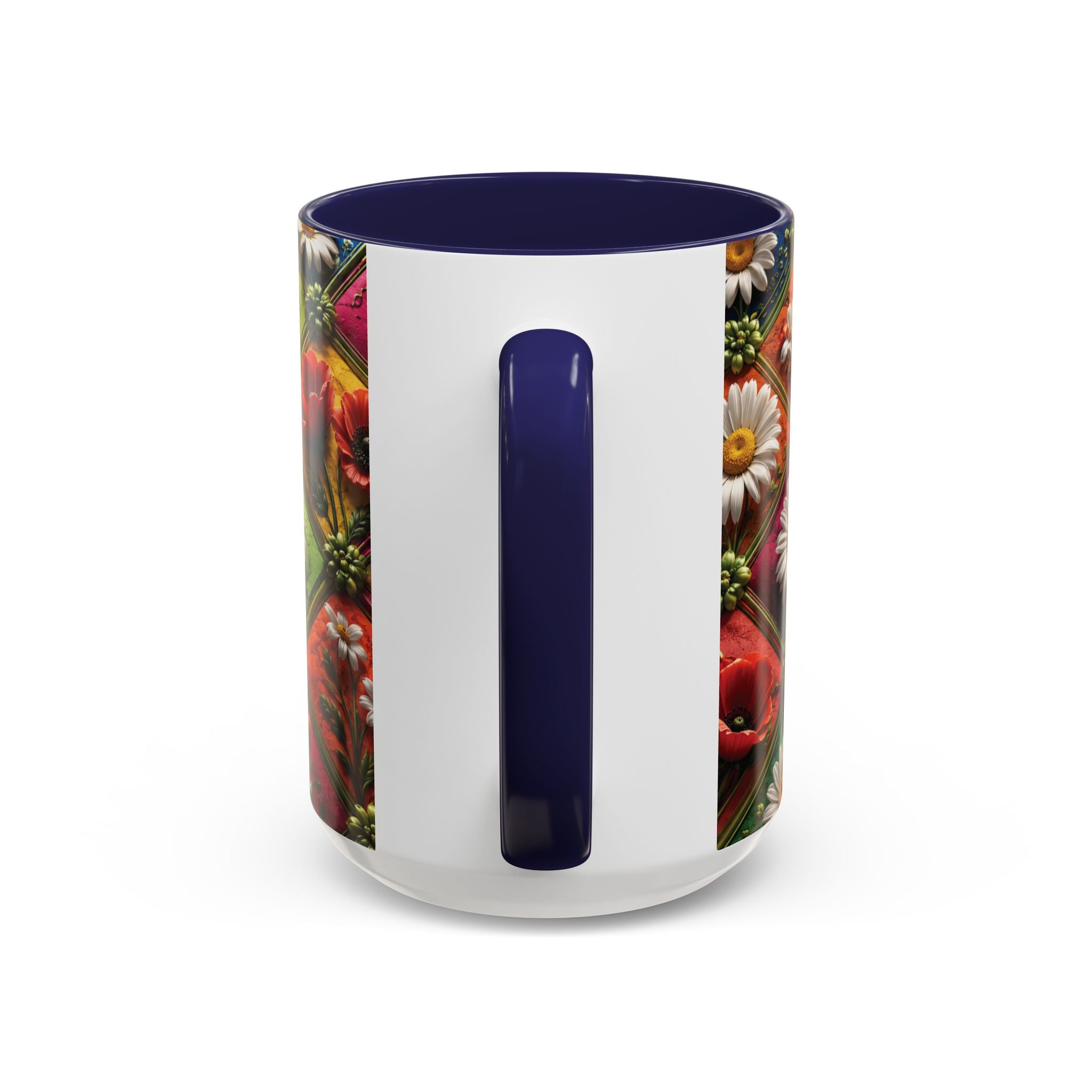 Floral Patchwork Accent Coffee Mug — Colorful Poppies & Daisies (11/15oz) 3D Illusion