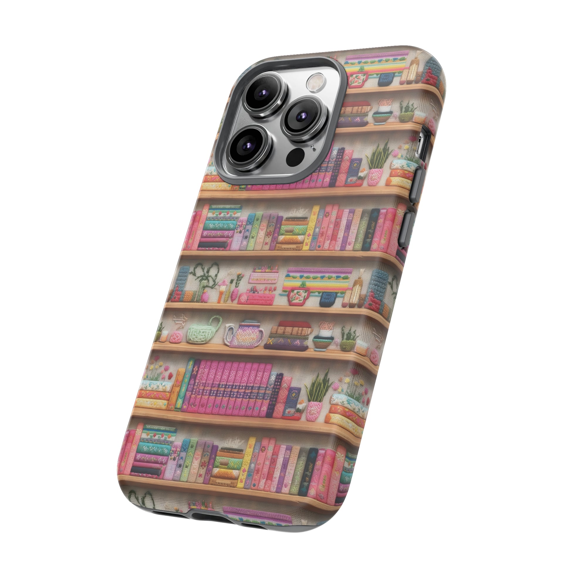 Phone Case 3D Illusion Books & Shelf Embroidery Design with Vibrant Colors Gift for Her Phone 15, Samsung iPhone Samsung Gift for Her Case iPhone 15, Samsung iPhone Samsung Accessory Gift for Her.