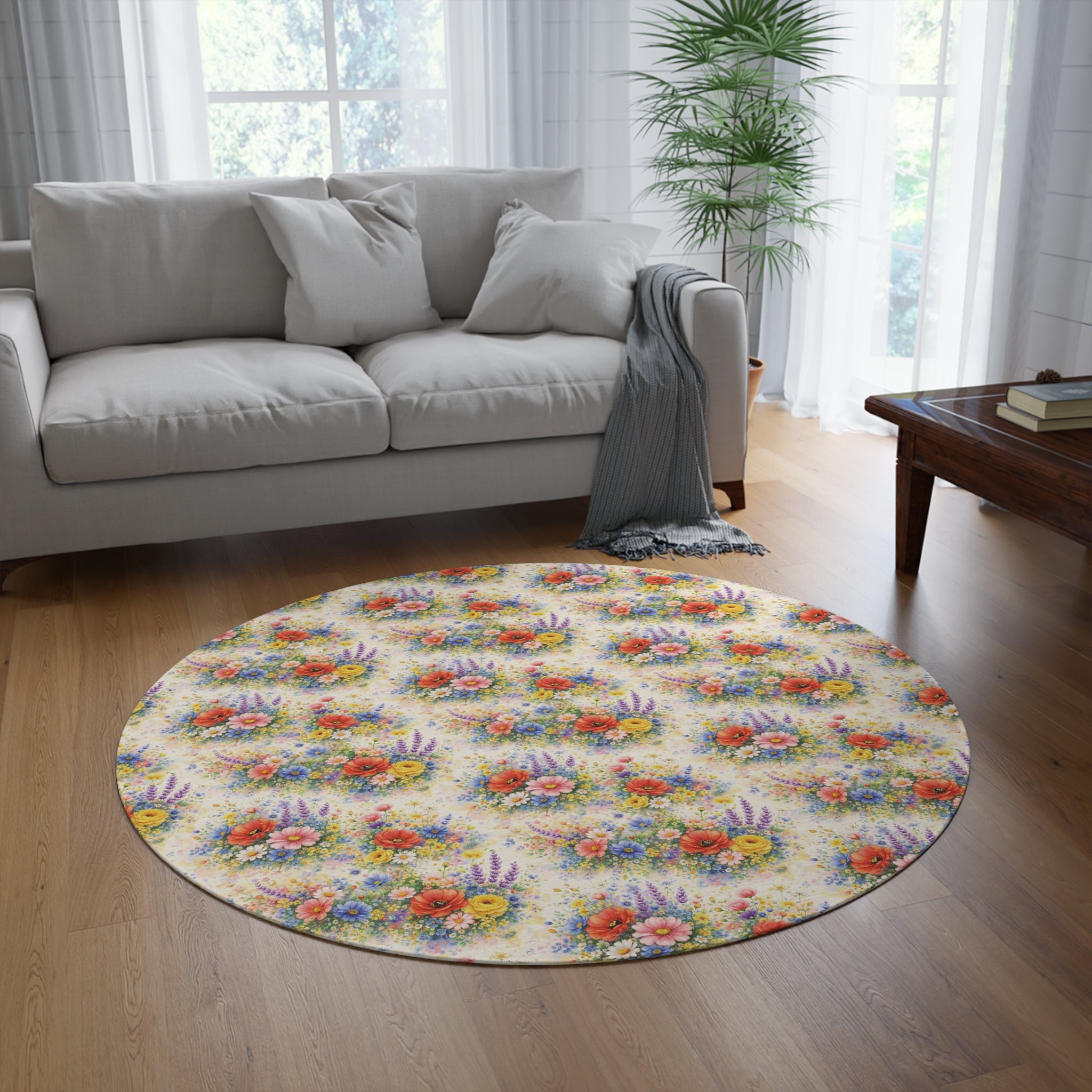 Watercolor Wildflower Round Rug — Floral Boho Home Décor Office, Bedroom Trend