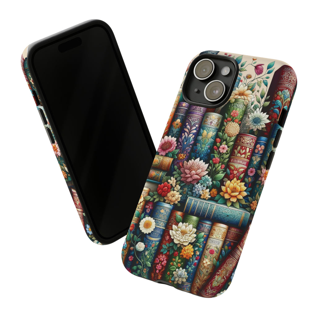 Books and Floral Boho Luxury Phone Tough Case Floral Elegant Durable Stylish for Modern Devices iPhone 15, Samsung iPhone Samsung Accessory Gift for Her.