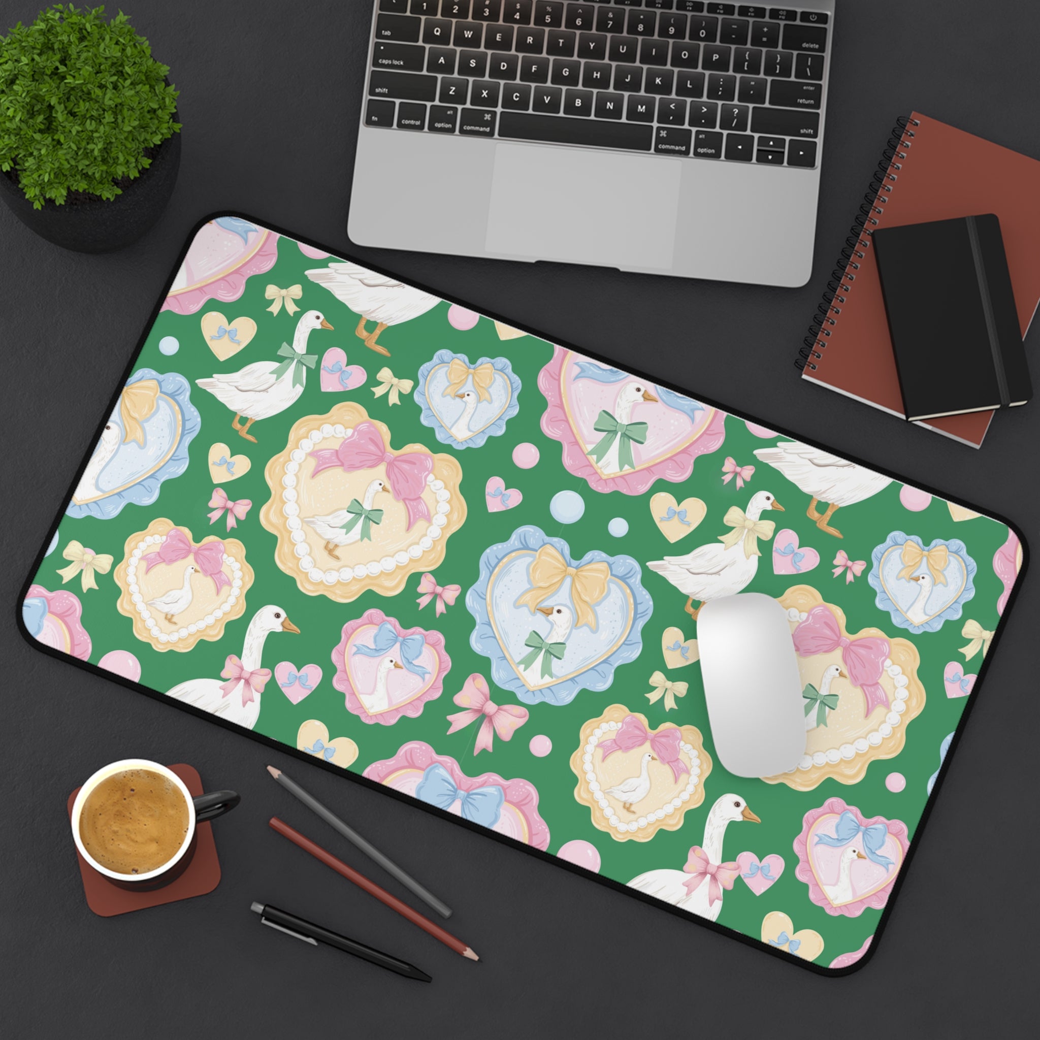 Silly Goose Green Desk Mat with Pastel Bows & Hearts Cozy & Stylish Desk Protector Desk Pad