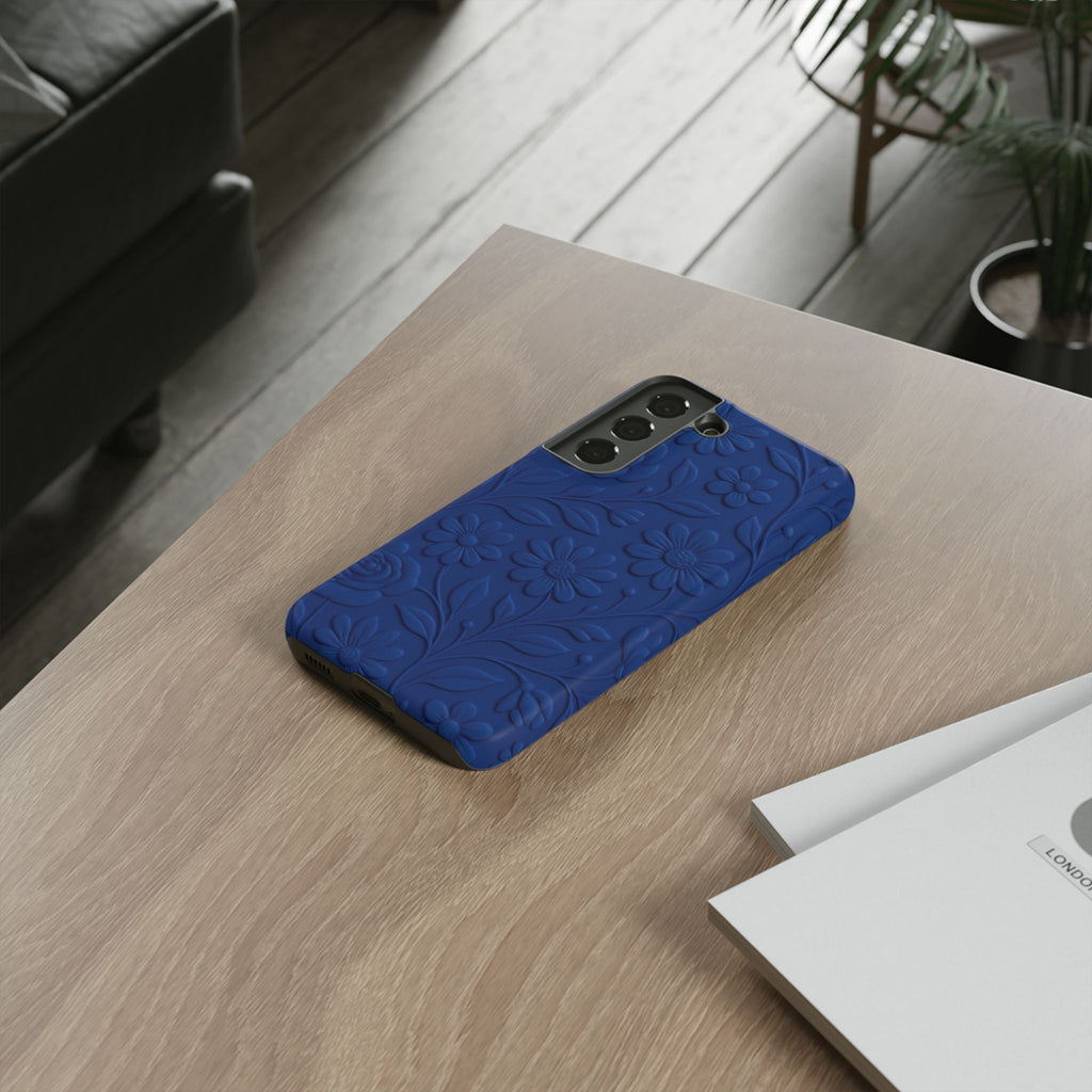 3D Illusion Floral Cobalt Blue Phone Case Elegant Raised Flower Design, Seamless Textured Look, Durable & Stylish Protection for iPhone and Android Models Fits iPhone & Samsung Models