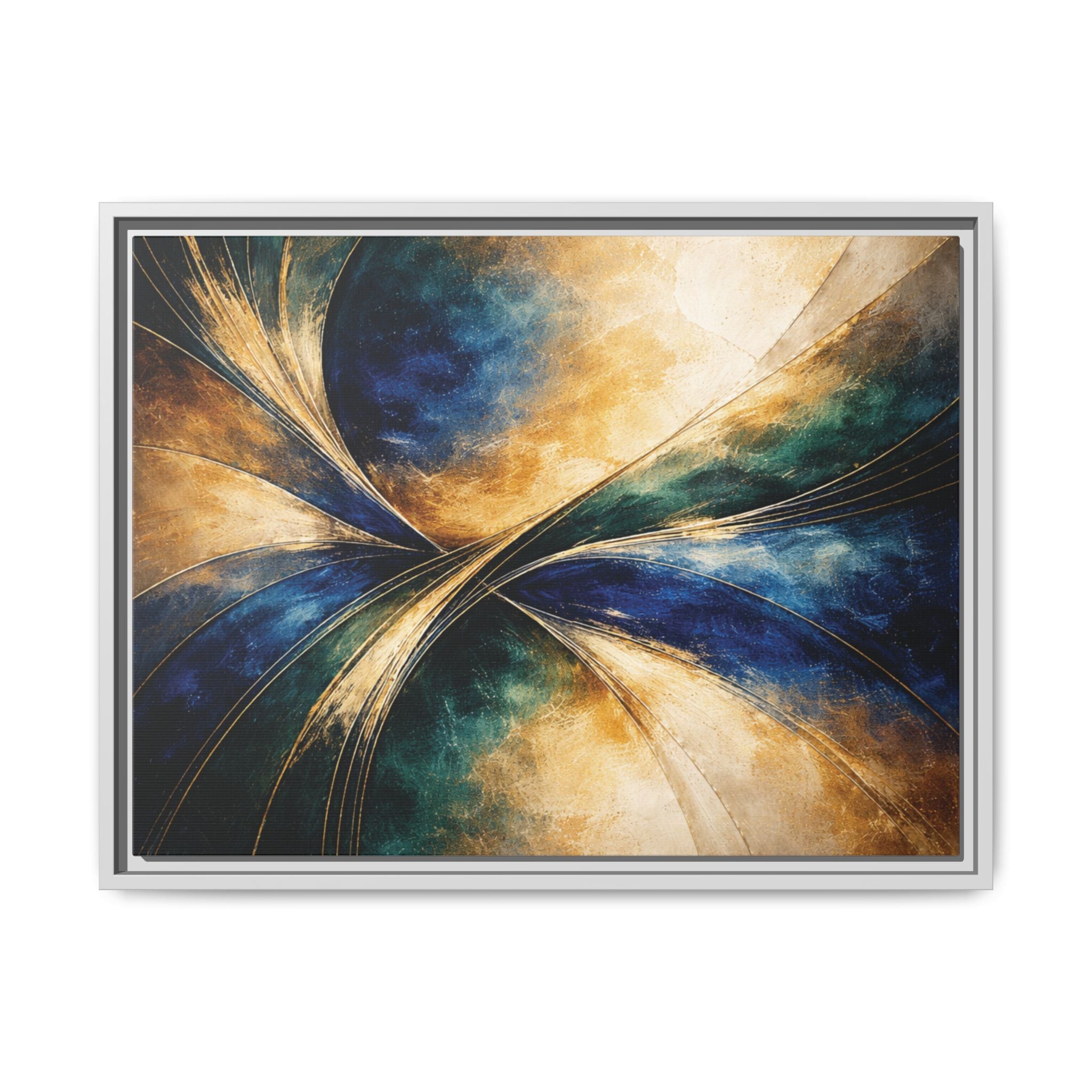 Gilded Convergence  Luxe NeoDeco Blue & Gold Abstract Wall Art Framed