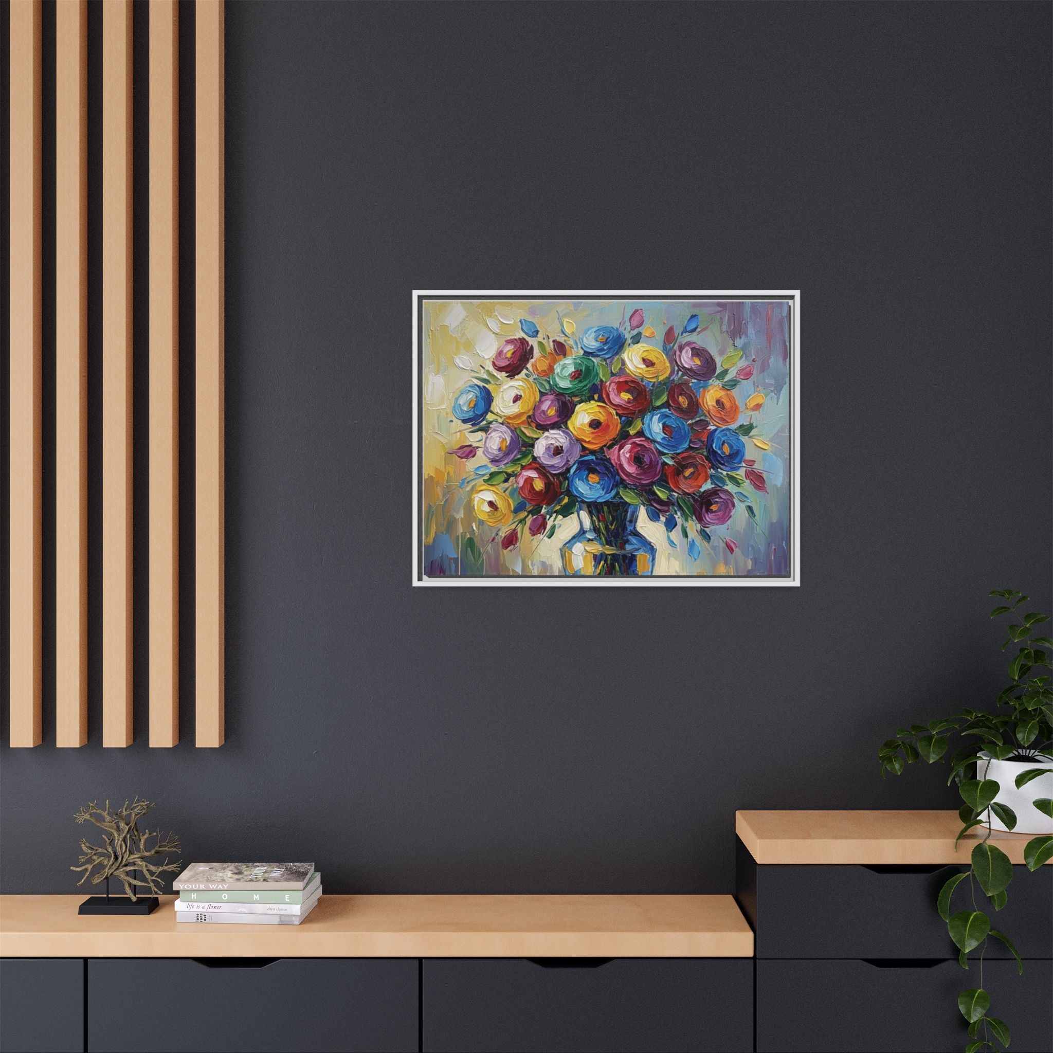 Impression sur toile bouquet floral aquarelle - Tableau mural encadré mat - Illusion de peinture à l'huile vibrante