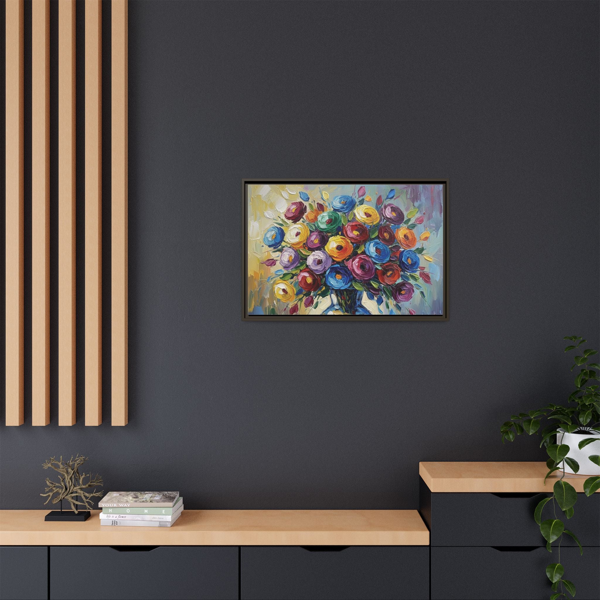 Impression sur toile bouquet floral aquarelle - Tableau mural encadré mat - Illusion de peinture à l'huile vibrante