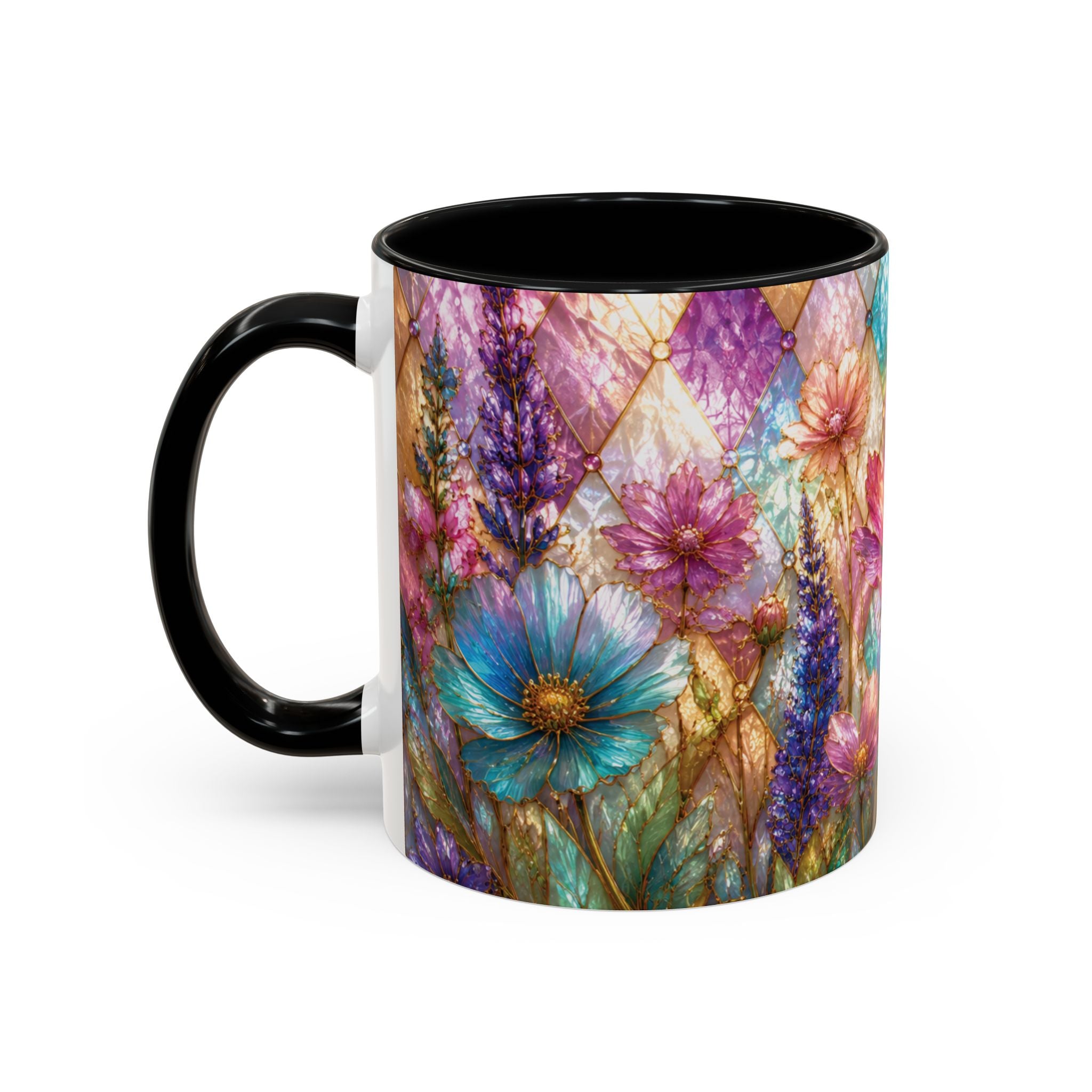 Floral Mosaic Accent Coffee Mug — Colorful Garden Flowers 11/15oz Stain Glass Illusion