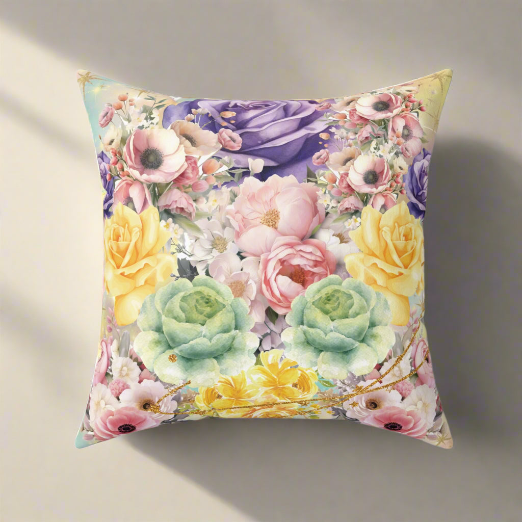 Pastel Luxury Floral Square Pillow – Colorful Botanical Print for Home Decor, Add Cozy Elegance to Your Living Room, Bedroom, or Reading Nook