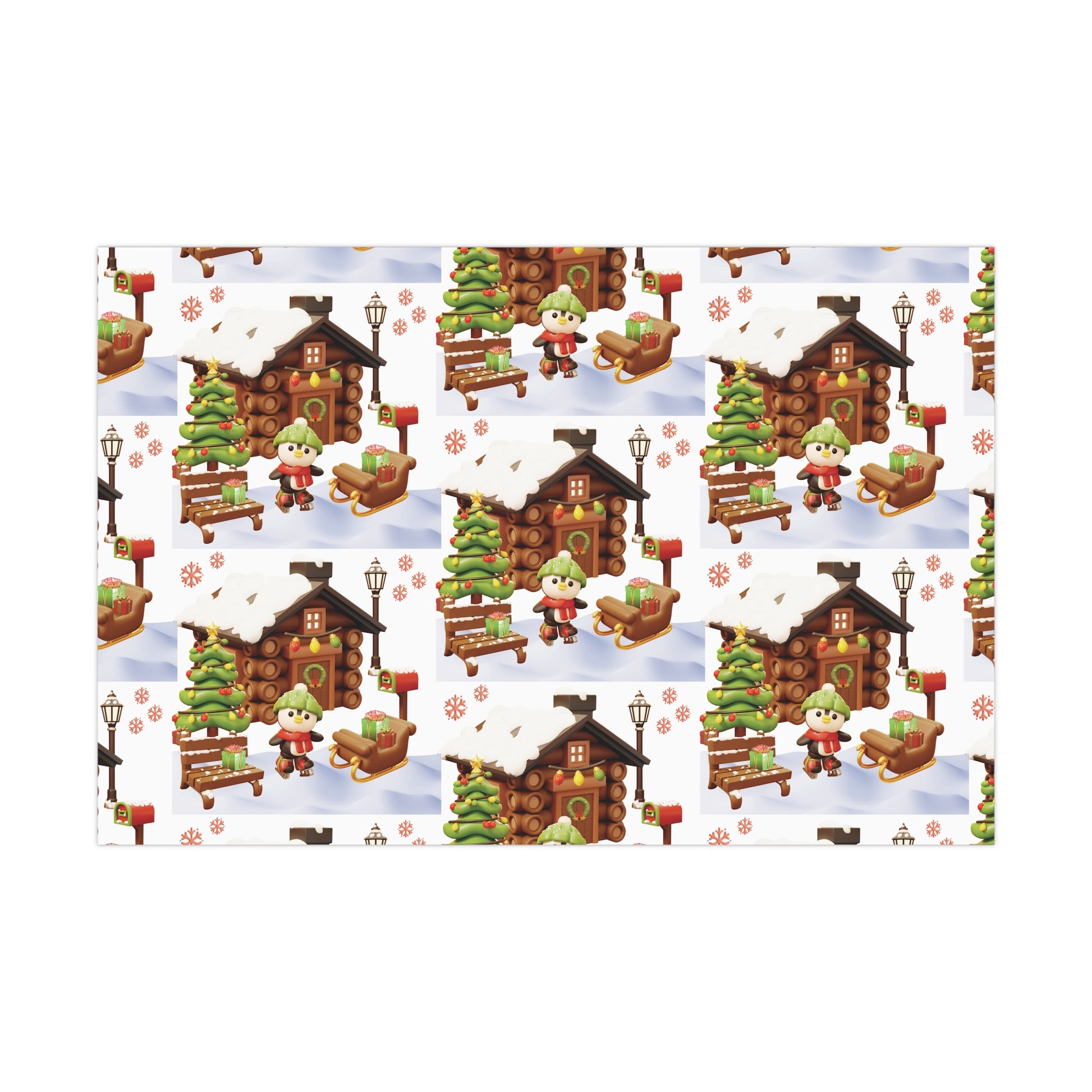 3D Illusion Penguin Wrapping Paper Cute Winter Penguin & Snow Cabin Scene, Festive Christmas Gift Wrap, Holiday Present Paper in 3 SizesPerfect for Seasonal Gifting