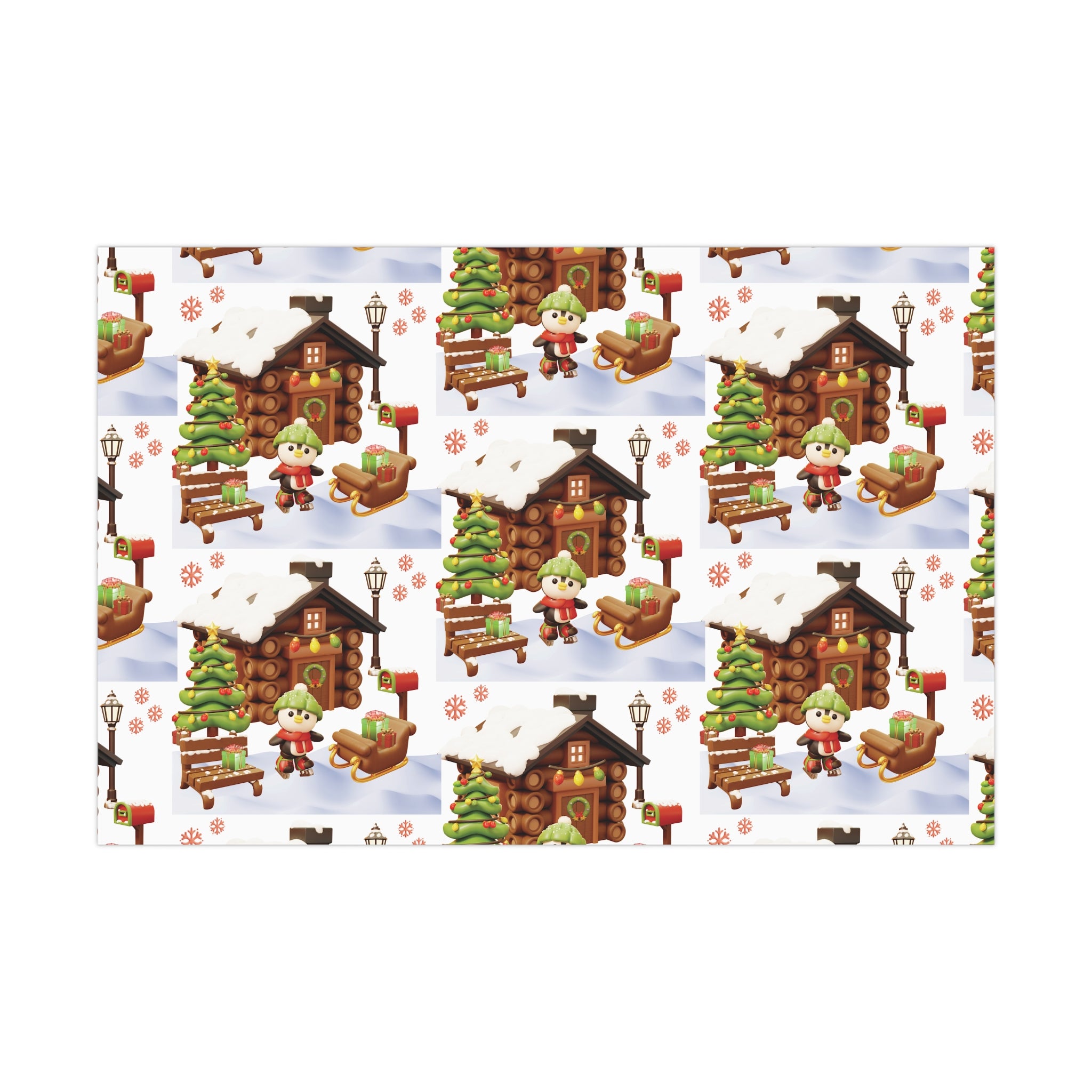 3D Illusion Penguin Wrapping Paper Cute Winter Penguin & Snow Cabin Scene, Festive Christmas Gift Wrap, Holiday Present Paper in 3 SizesPerfect for Seasonal Gifting