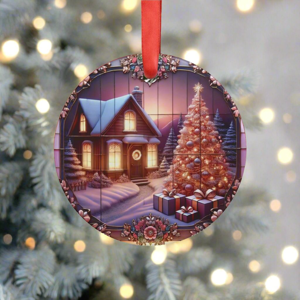 Pink Christmas House Ornament Acrylic with Ribbon Perfect Holiday Decor, Unique Christmas Gift Idea, Pastel Holiday Decoration, Cozy Home Tree Design - MRSBYVALLE