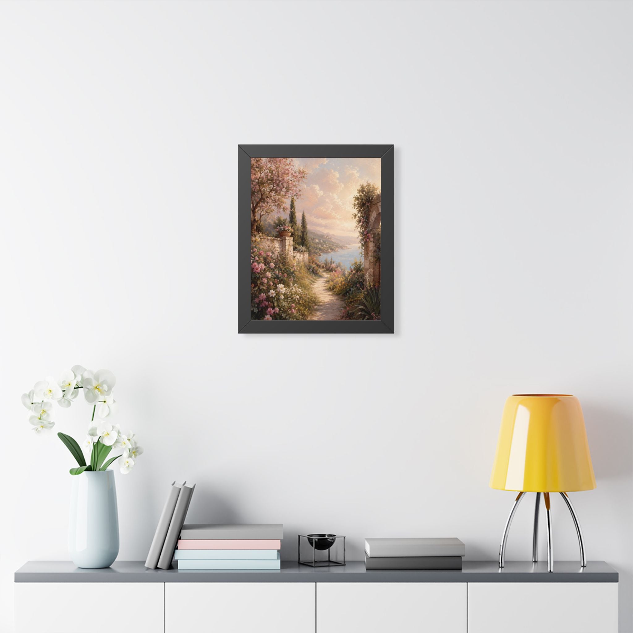 Mediterranean Garden Path Framed Vertical Poster | Coastal Landscape Wall Art