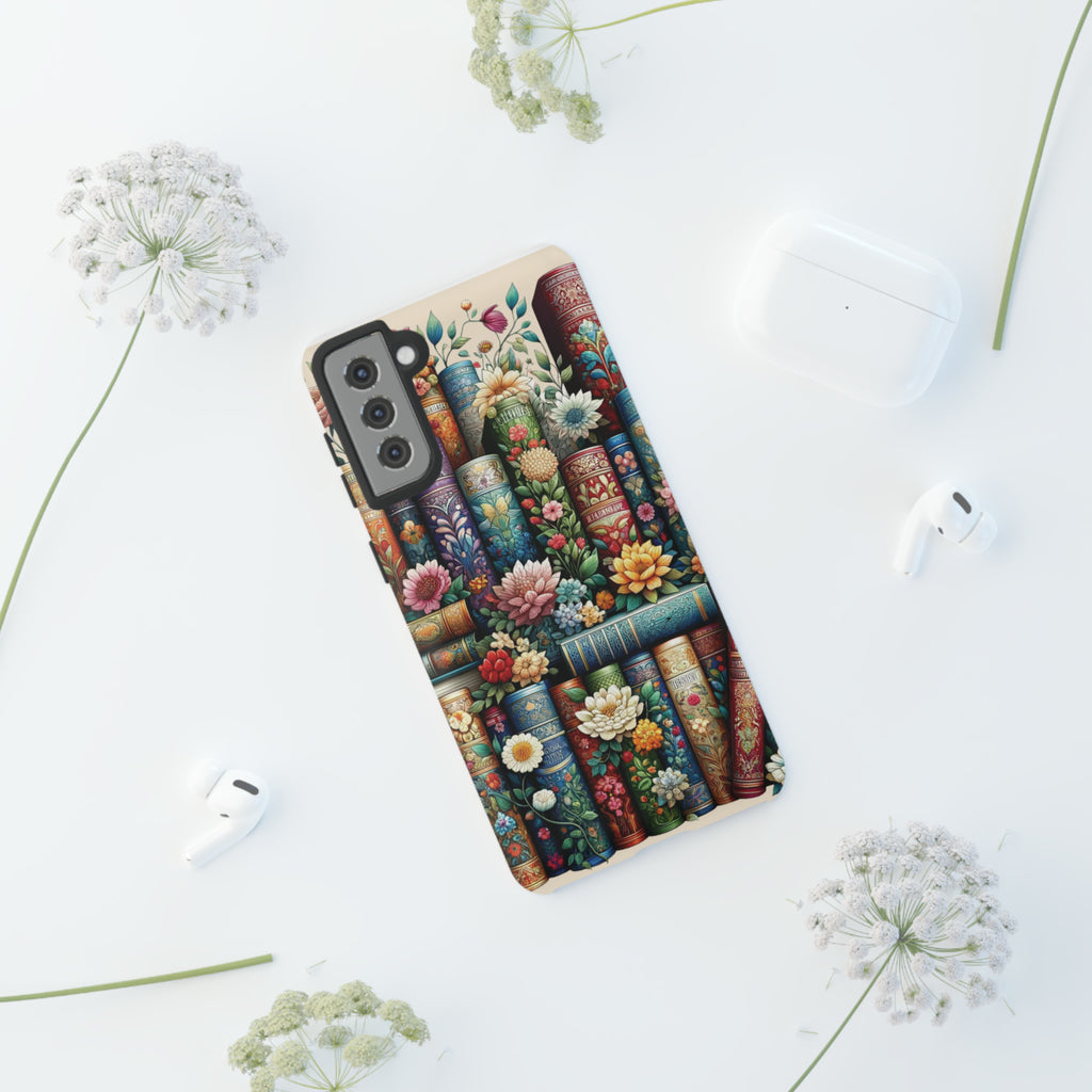 Books and Floral Boho Luxury Phone Tough Case Floral Elegant Durable Stylish for Modern Devices iPhone 15, Samsung iPhone Samsung Accessory Gift for Her.