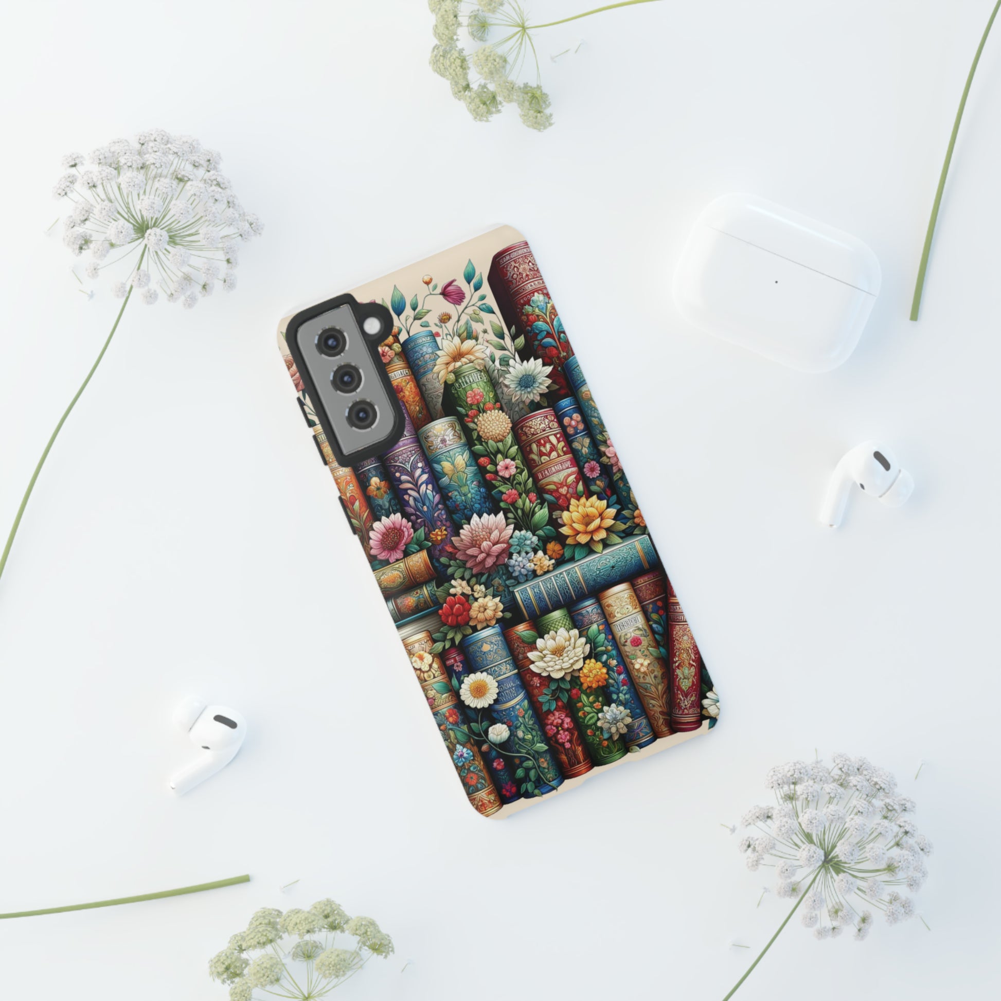Books and Floral Boho Luxury Phone Tough Case Floral Elegant Durable Stylish for Modern Devices iPhone 15, Samsung iPhone Samsung Accessory Gift for Her.